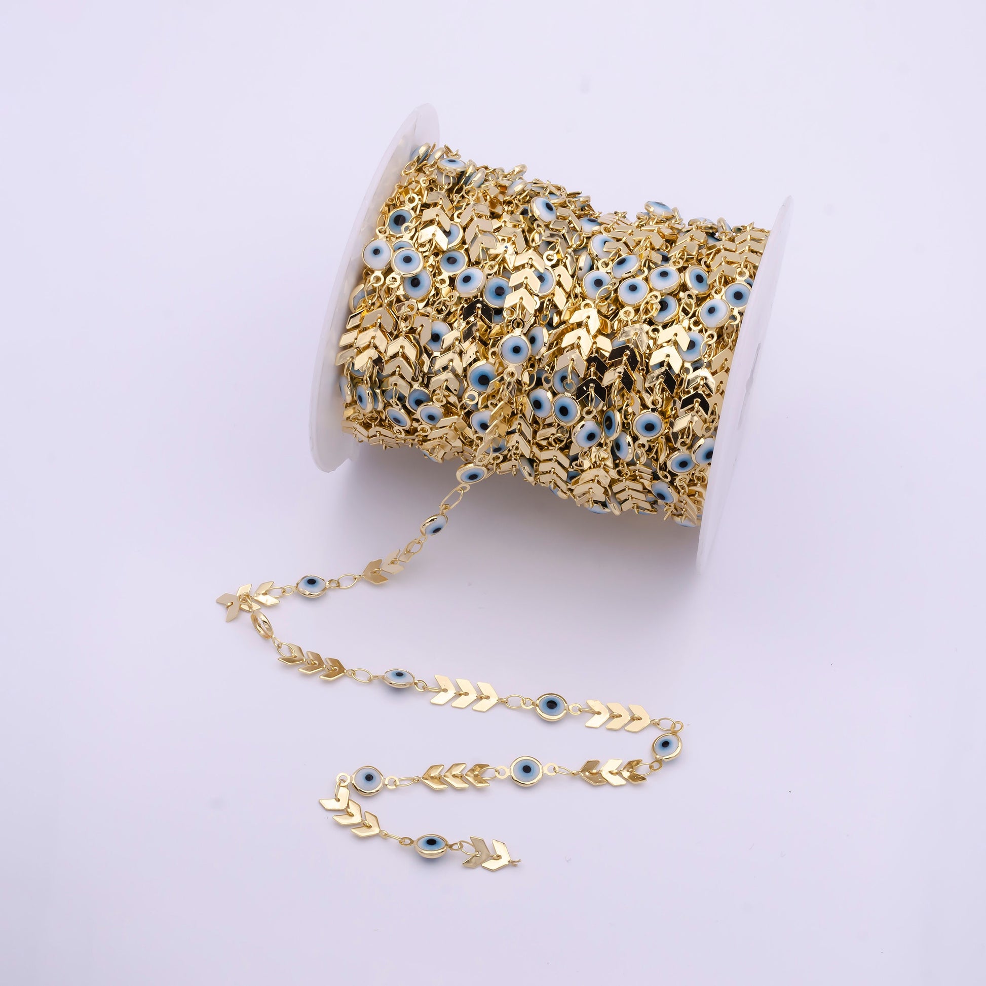 6mm Width 24K Gold Filled Evil Eye Chevron Link Chain by Yard, Gold Evil Eye Wholesale Bulk Roll Chain for Jewelry Making | ROLL-823