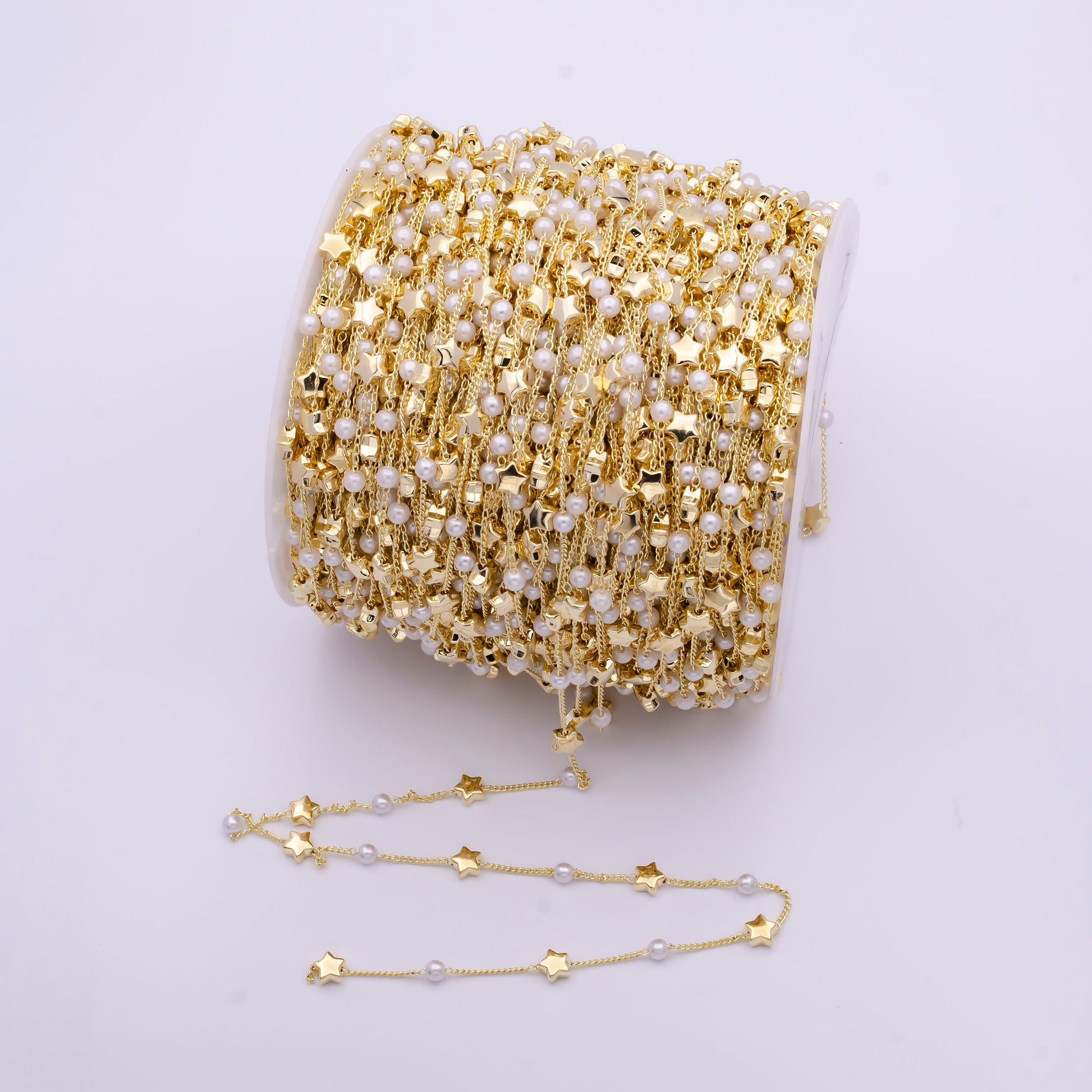 24K Gold Unfinished Dainty Starry Pearls Station Chain by Yard, Wholesale Bulk Gold Stars Beaded Pearl Roll Chain for Jewelry | ROLL-826