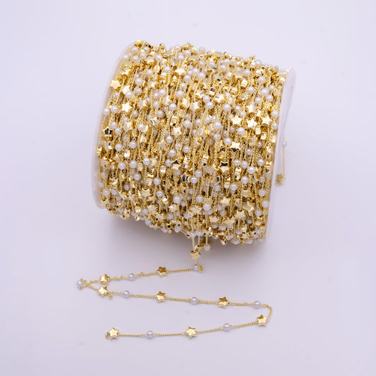 24K Gold Unfinished Dainty Starry Pearls Station Chain by Yard, Wholesale Bulk Gold Stars Beaded Pearl Roll Chain for Jewelry | ROLL-826