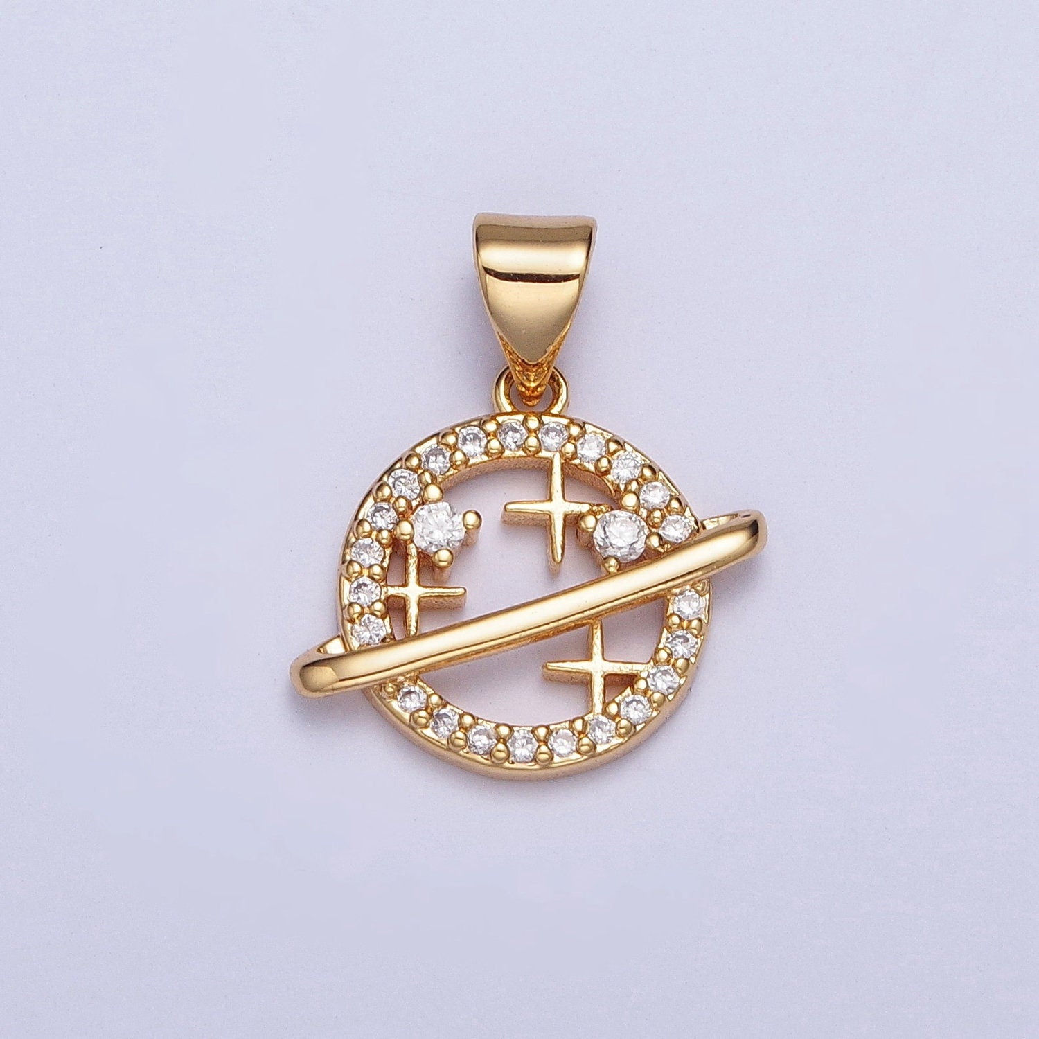 Dainty Round Celestial Space Planet Stars Micro CZ Pave Stone Pendant | 24K Gold Filled DIY Charm Add on Necklace Bracelet Earring | X-438