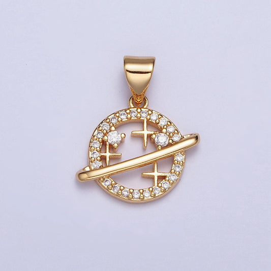 Dainty Round Celestial Space Planet Stars Micro CZ Pave Stone Pendant | 24K Gold Filled DIY Charm Add on Necklace Bracelet Earring | X-438