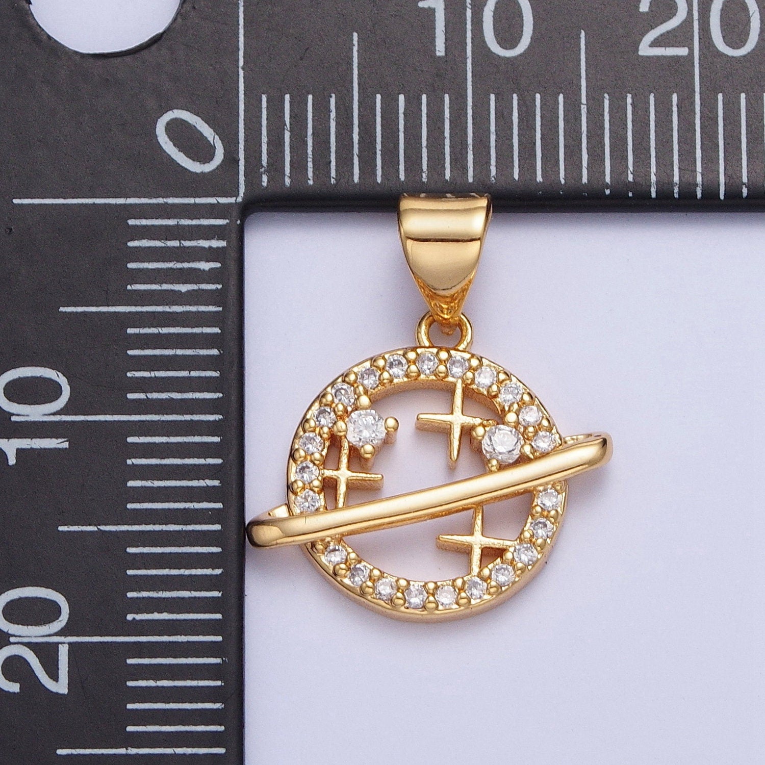 Dainty Round Celestial Space Planet Stars Micro CZ Pave Stone Pendant | 24K Gold Filled DIY Charm Add on Necklace Bracelet Earring | X-438