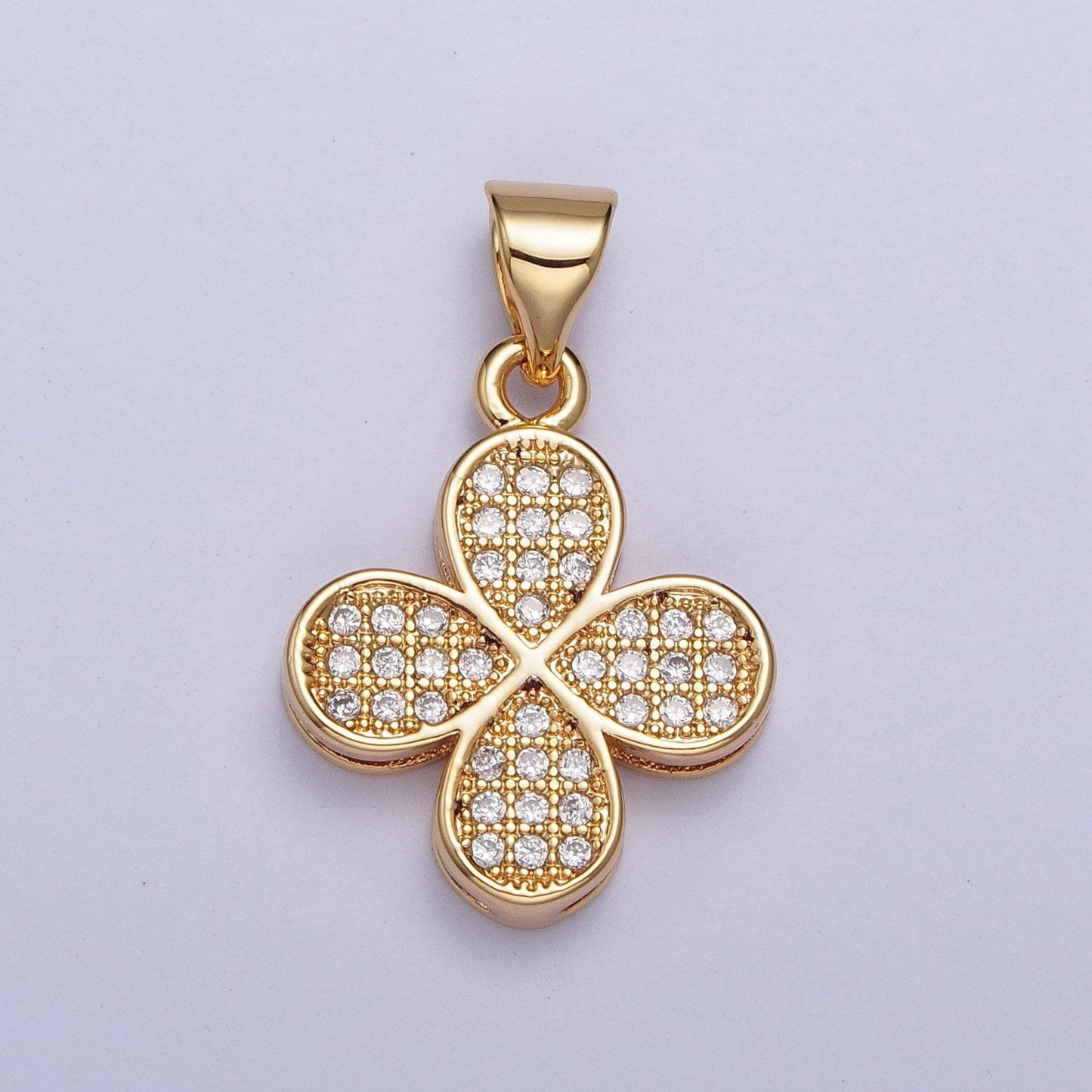 24K Gold Filled Cz Four-Leaf Clover Lucky Pendant for Necklace Bracelet Supply, Diamond Flower Emblem Pendant, Four-Leaf Clover | X-444