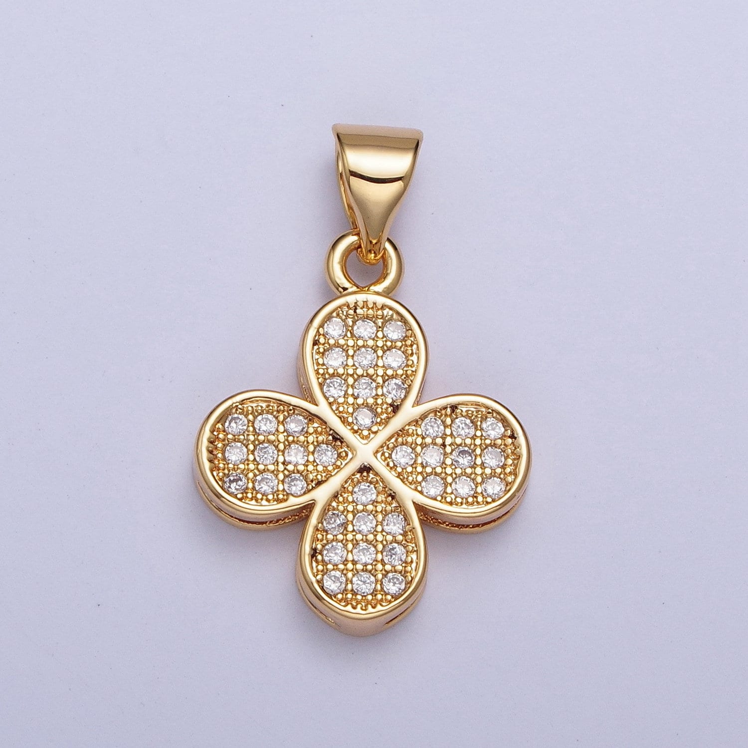 24K Gold Filled Cz Four-Leaf Clover Lucky Pendant for Necklace Bracelet Supply, Diamond Flower Emblem Pendant, Four-Leaf Clover | X-444