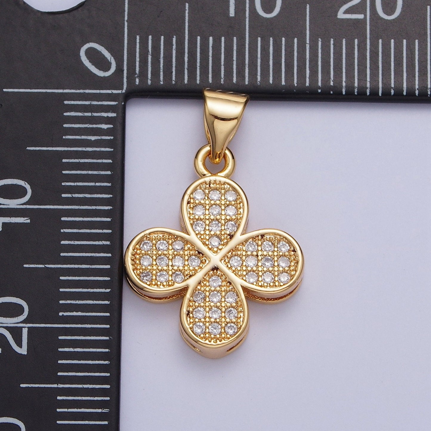 24K Gold Filled Cz Four-Leaf Clover Lucky Pendant for Necklace Bracelet Supply, Diamond Flower Emblem Pendant, Four-Leaf Clover | X-444