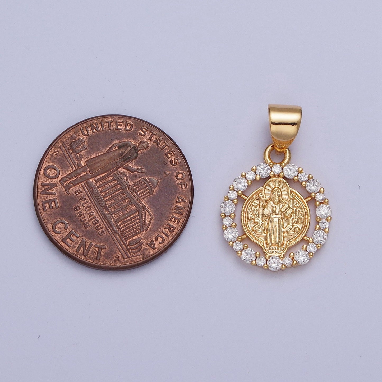 24K Gold Filled St Benedict Medallion Religious Open Round Micro Pave Cubic Zirconia CZ Stone Charm | X-447