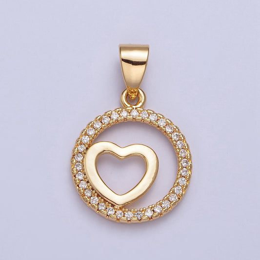 Mini Gold Filled Tiny Love Heart Inside Round Micro Pave CZ Stoned Medallion Coin Charm, Add on Love Heart Pendant | X-448