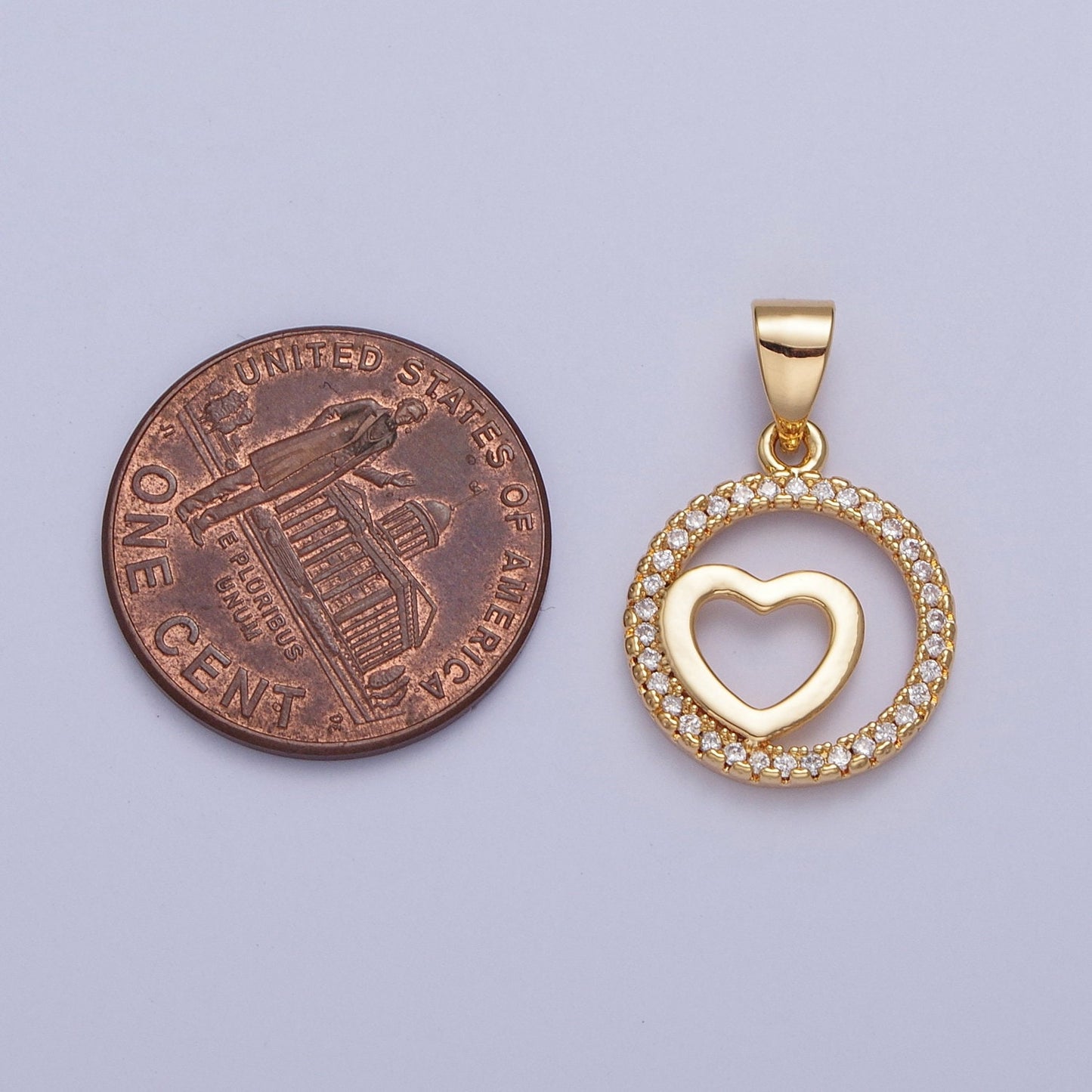 Mini Gold Filled Tiny Love Heart Inside Round Micro Pave CZ Stoned Medallion Coin Charm, Add on Love Heart Pendant | X-448