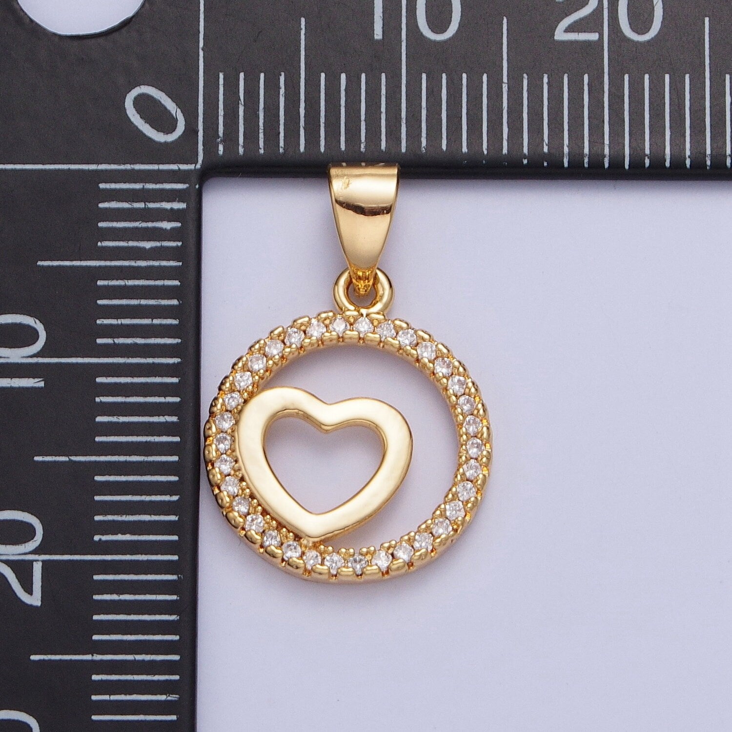Mini Gold Filled Tiny Love Heart Inside Round Micro Pave CZ Stoned Medallion Coin Charm, Add on Love Heart Pendant | X-448