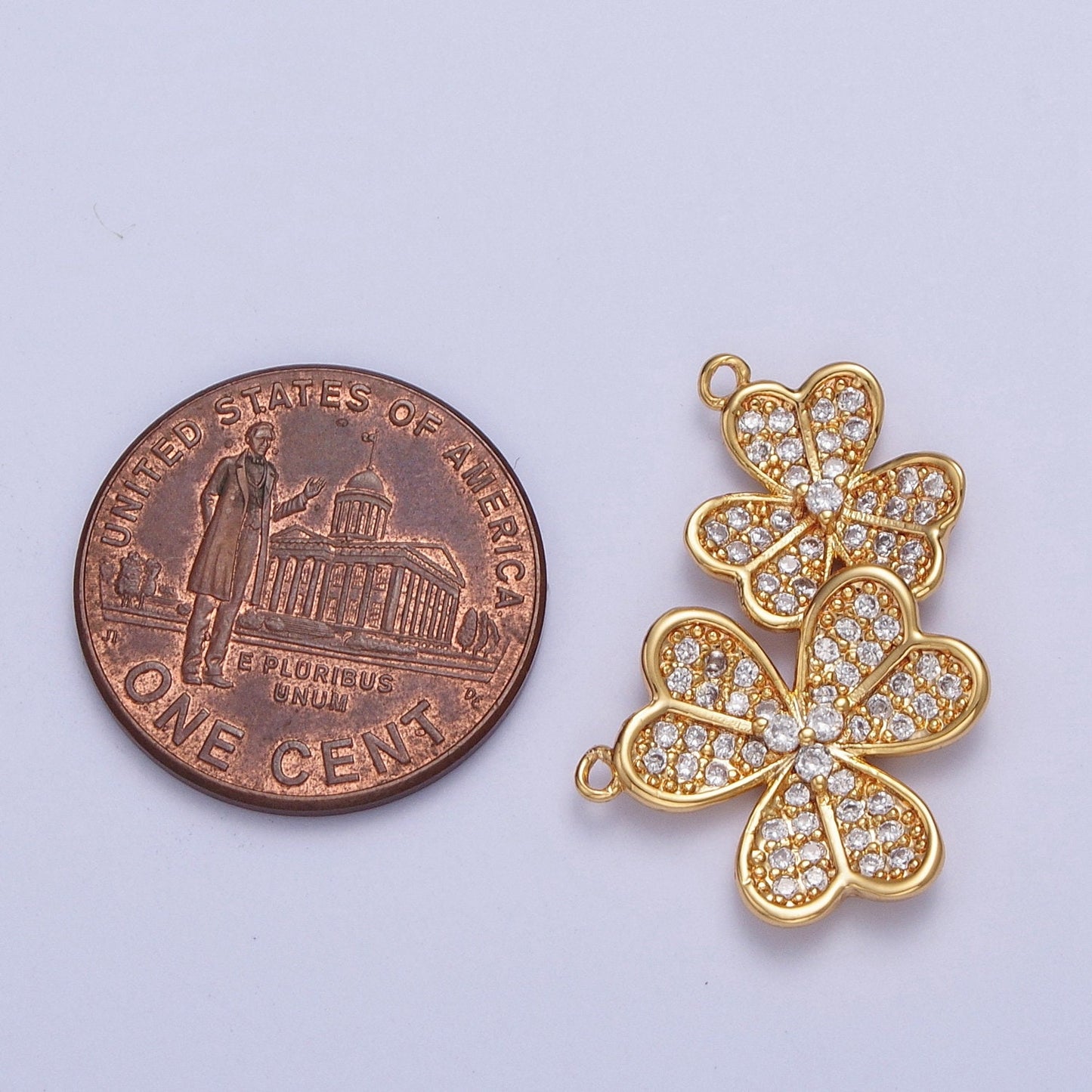 24K Gold Filled Dainty Linked Four-Leaf Clovers Lucky Charm Connector Micro Pave Cubic Zirconia CZ Stones for Necklace Jewelry | F-489