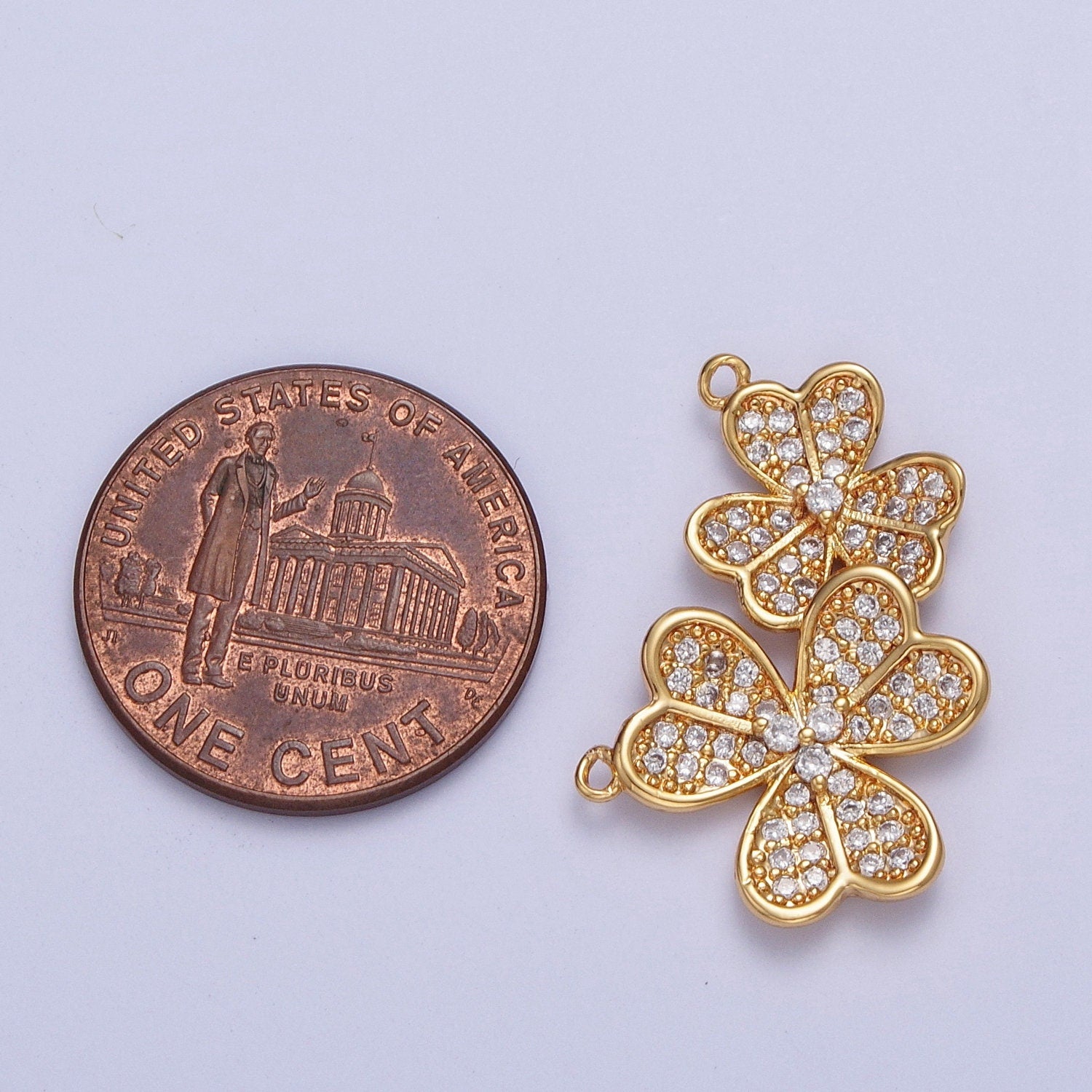 24K Gold Filled Dainty Linked Four-Leaf Clovers Lucky Charm Connector Micro Pave Cubic Zirconia CZ Stones for Necklace Jewelry | F-489