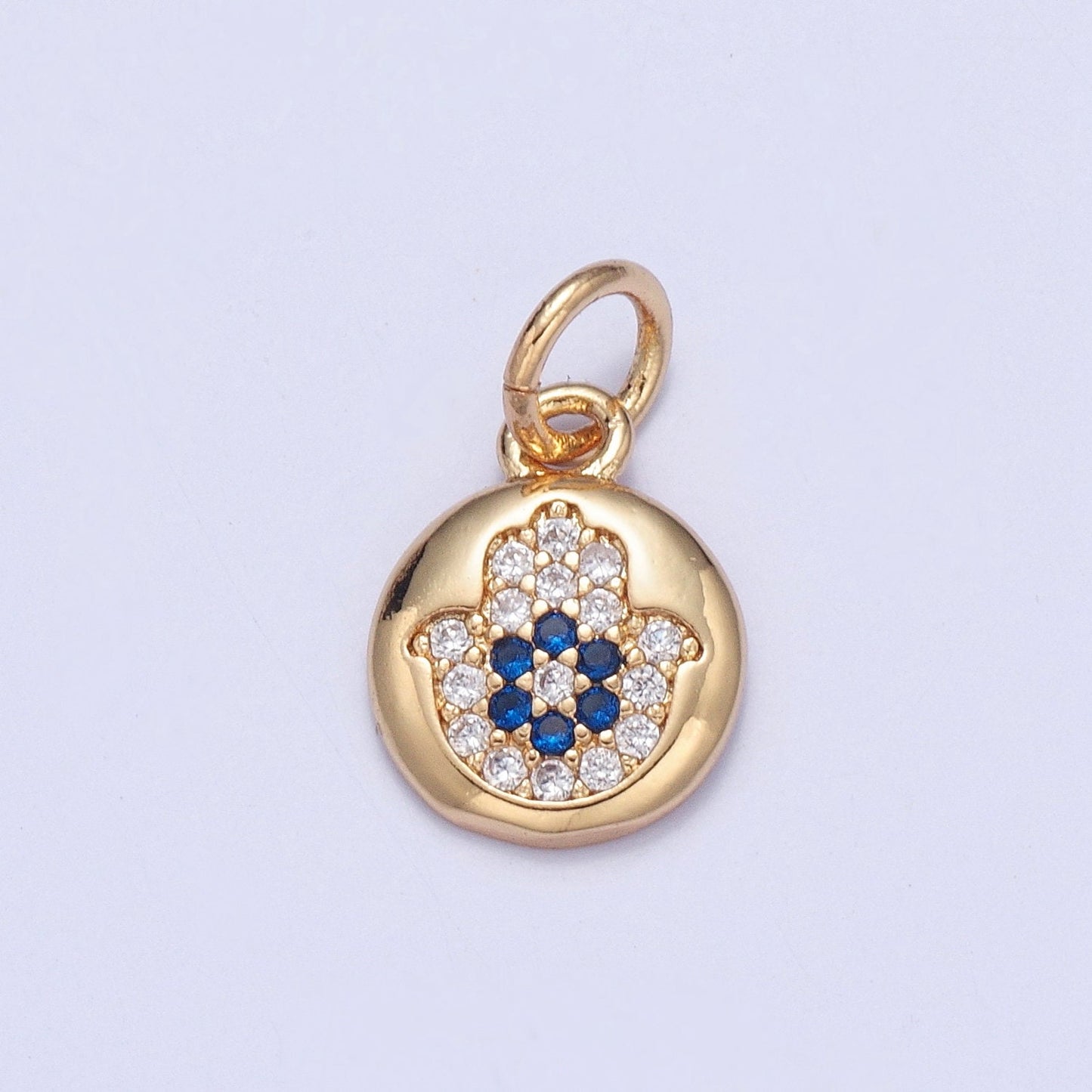 24K Gold Dainty Micro Pave CZ Hamsa Pendant Charm, Universe Protective Micro Pave CZ Pendant Charm, Blue Flower-Like Center | X-103