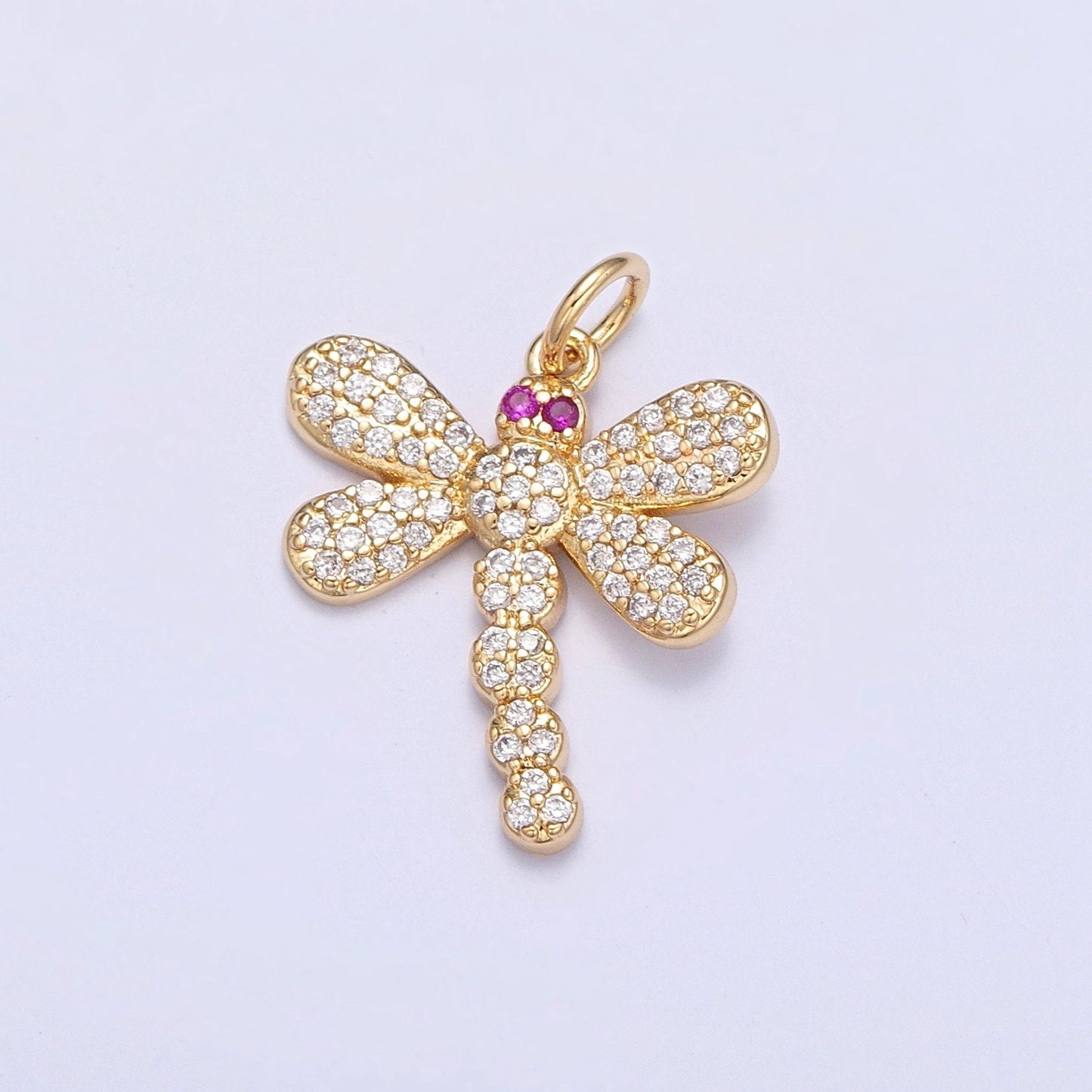 24K Gold Micro Pave Cz Dragonfly Pendant, Magenta-Eyed Dragonfly Charm, Insect Pendant for Necklace Earring Supply | X-111