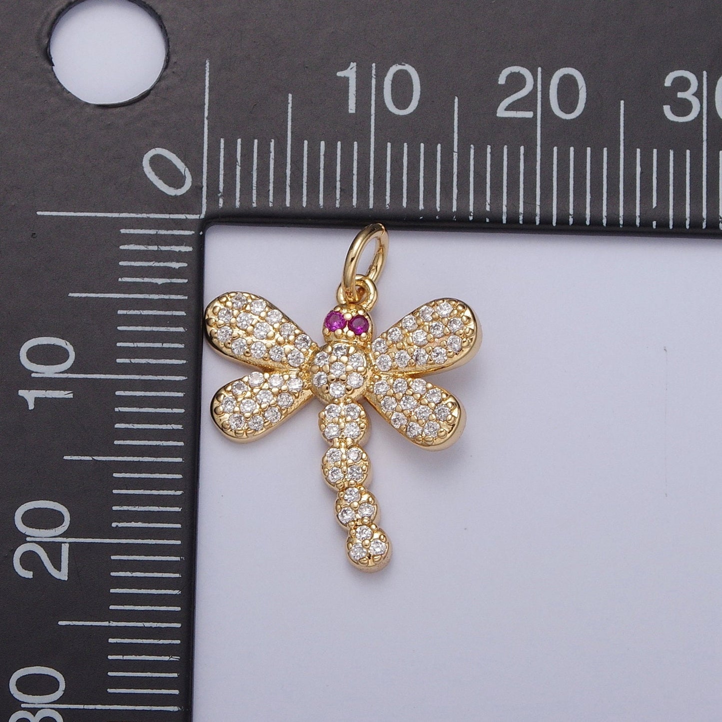 24K Gold Micro Pave Cz Dragonfly Pendant, Magenta-Eyed Dragonfly Charm, Insect Pendant for Necklace Earring Supply | X-111