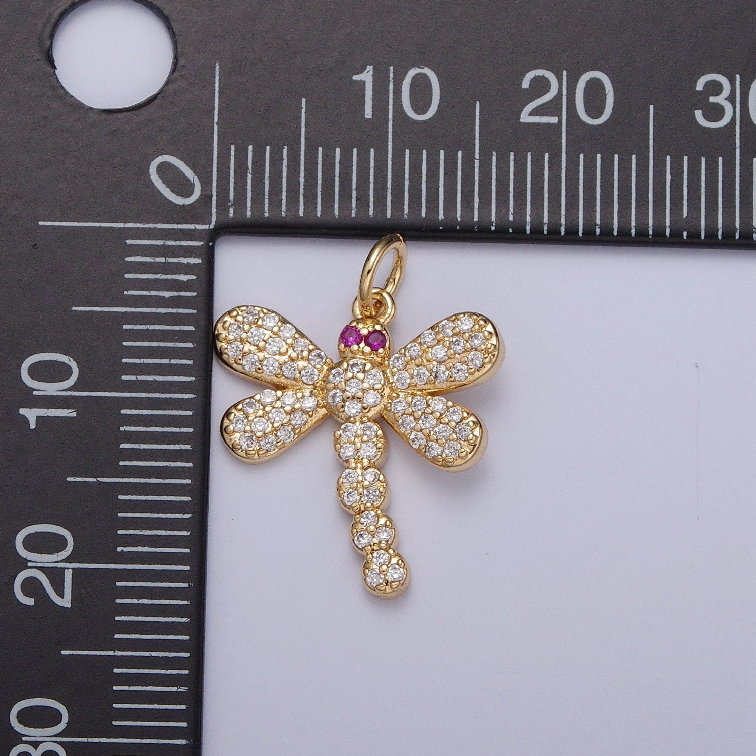 24K Gold Micro Pave Cz Dragonfly Pendant, Magenta-Eyed Dragonfly Charm, Insect Pendant for Necklace Earring Supply | X-111