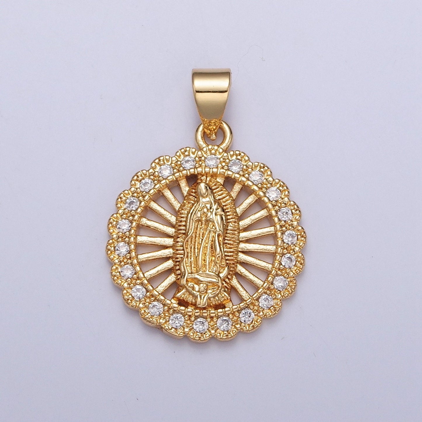 24K Virgin Mary Miraculous Sunburst Micro Pave Cz Medallion Pendant, Gold Lady Guadalupe Pendant Religious Charm Necklace Bracelet | H-756