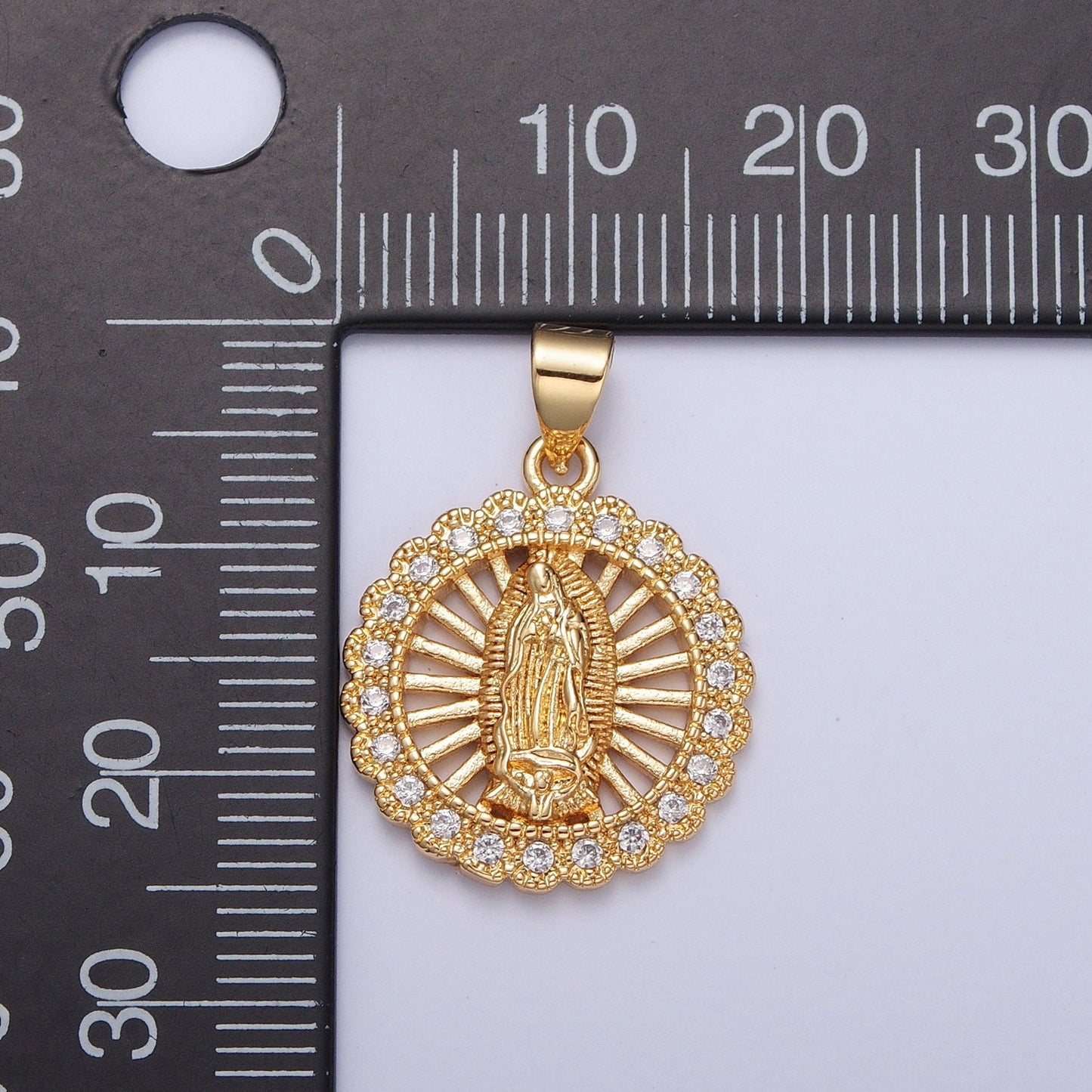 24K Virgin Mary Miraculous Sunburst Micro Pave Cz Medallion Pendant, Gold Lady Guadalupe Pendant Religious Charm Necklace Bracelet | H-756