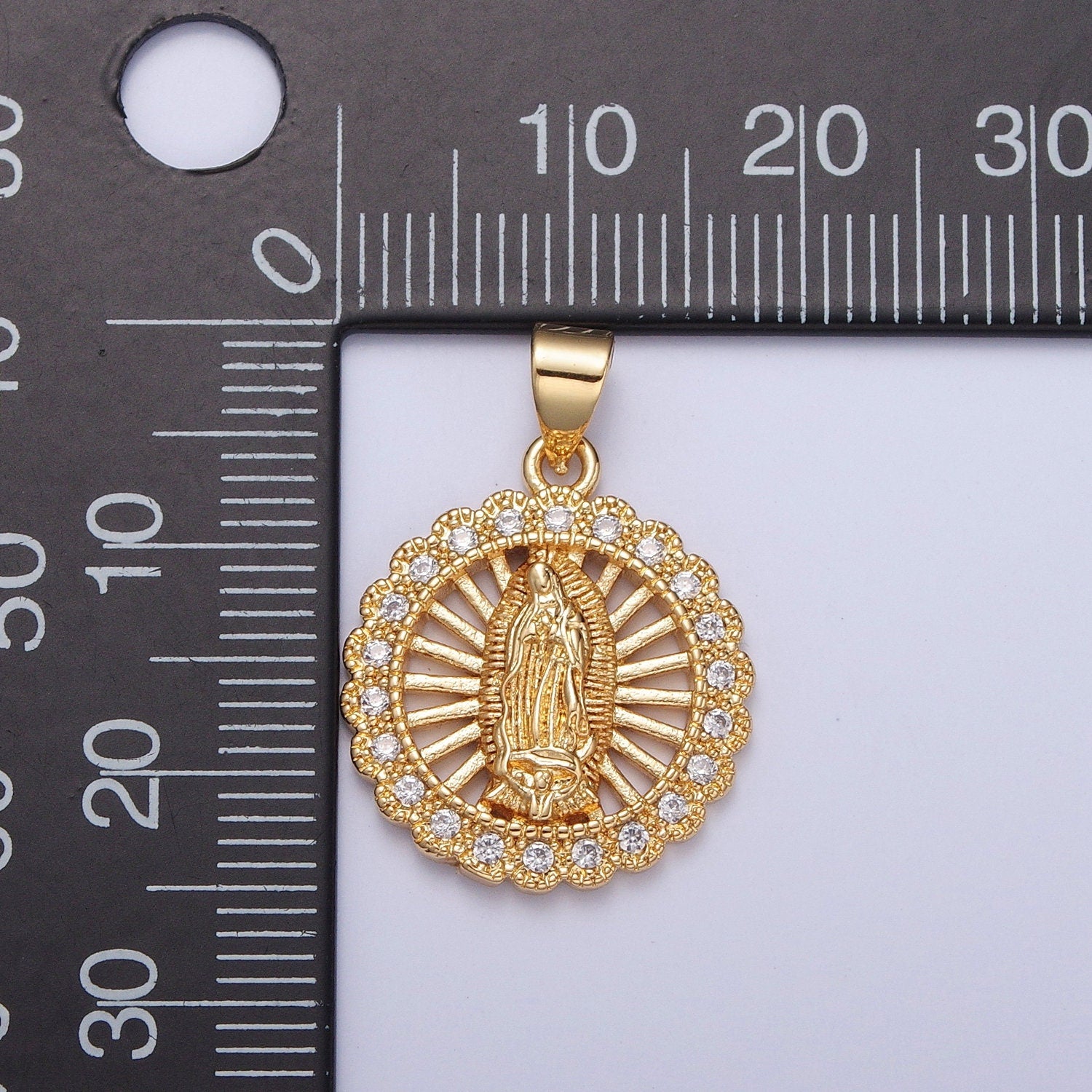 24K Virgin Mary Miraculous Sunburst Micro Pave Cz Medallion Pendant, Gold Lady Guadalupe Pendant Religious Charm Necklace Bracelet | H-756