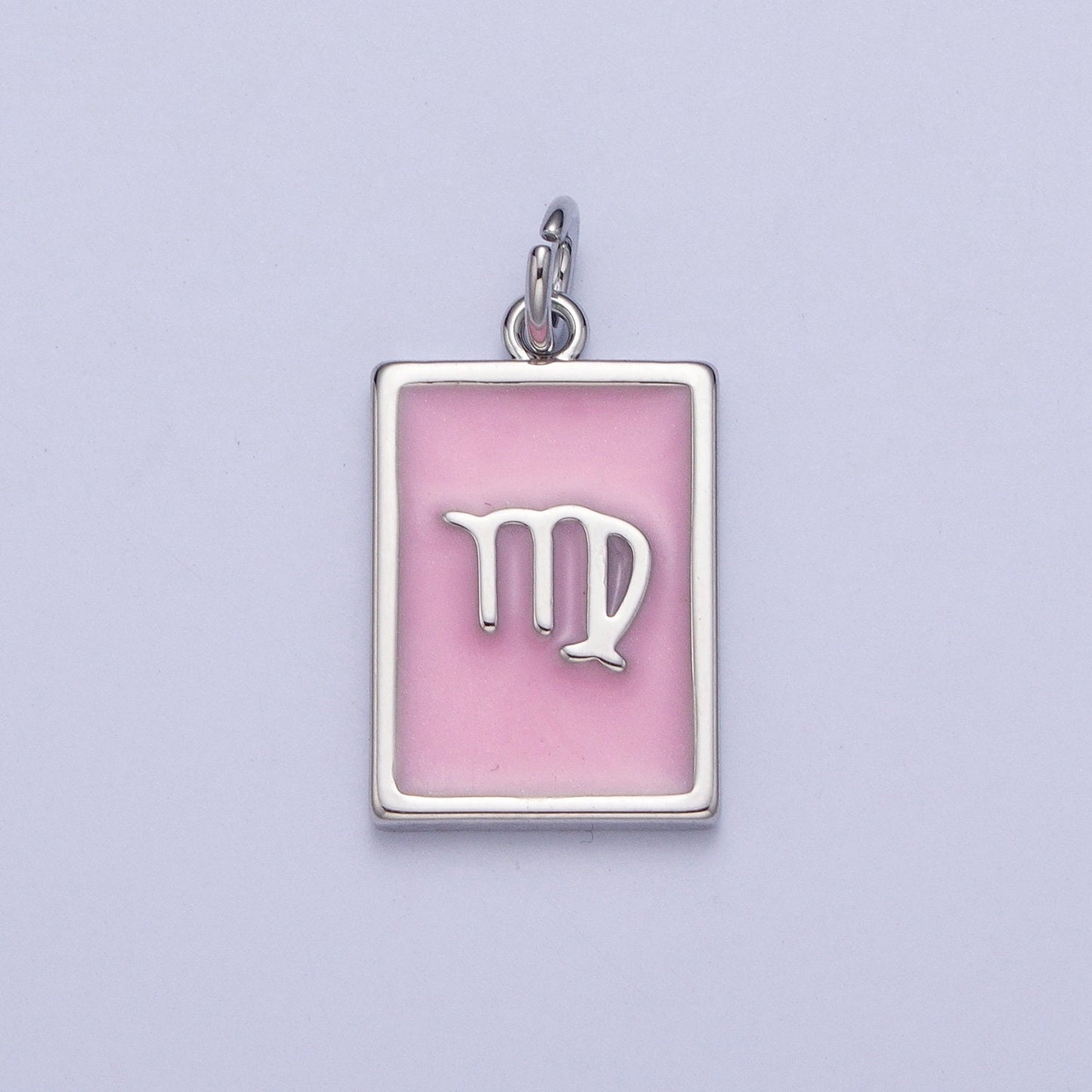 Silver Rectangular Baby Pink Enamel Zodiac Charms White Gold-Filled Astrological Zodiac Signs, Birthday, Horoscope Pendants | A1475-A1480