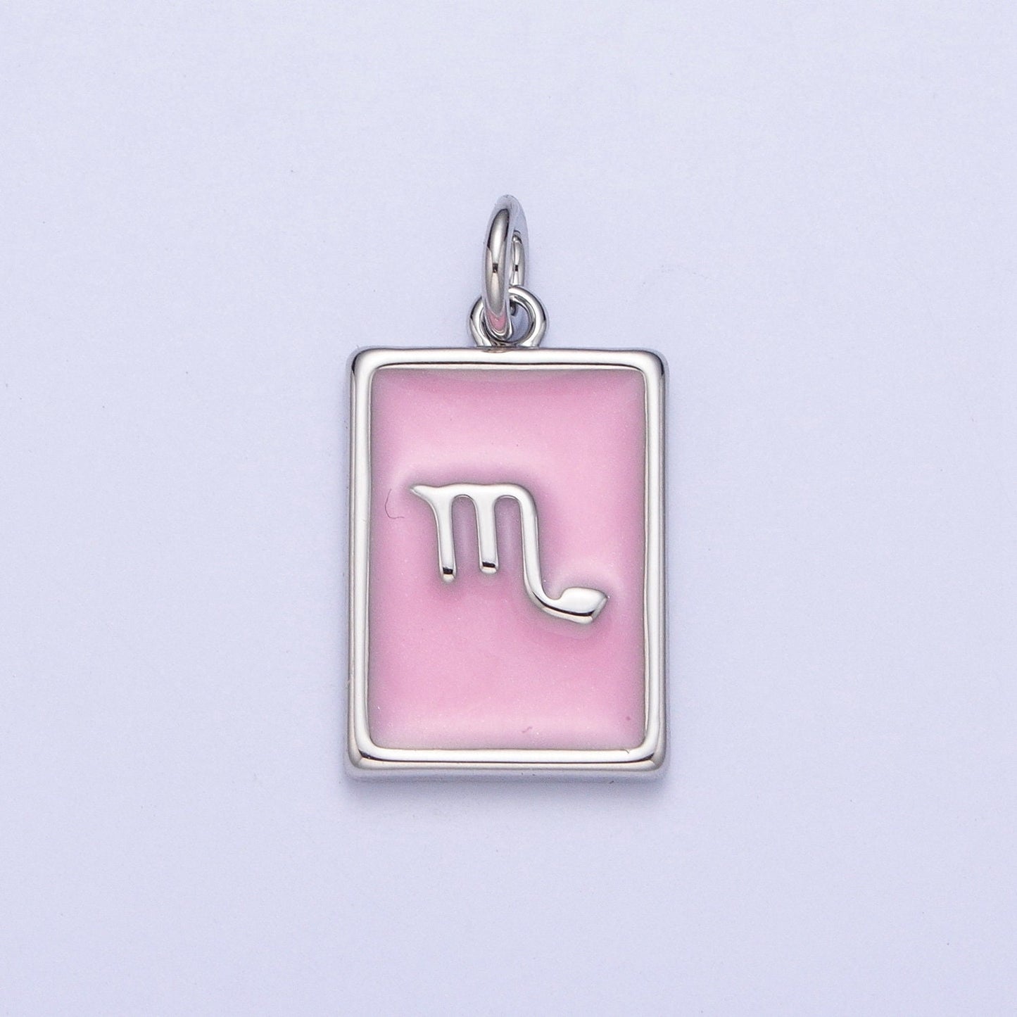 Silver Rectangular Baby Pink Enamel Zodiac Charms White Gold-Filled Astrological Zodiac Signs, Birthday, Horoscope Pendants | A1475-A1480
