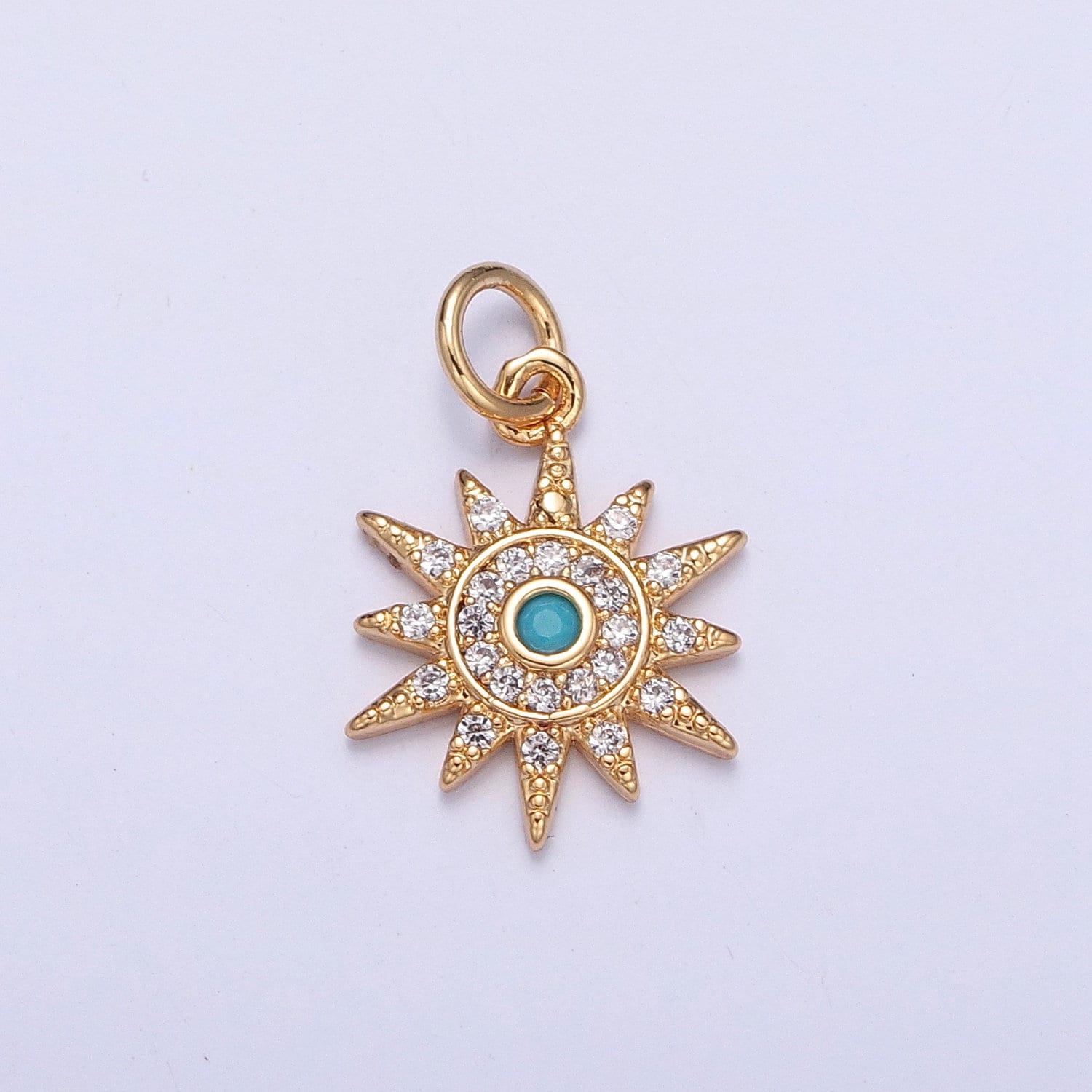 24K Gold Sun Charm w. Opal Evil Eye Pendant, Sun Ray Sunburst Charm, Turquoise Evil Eye Sun Pendant, Bohemian Jewelry | X-119