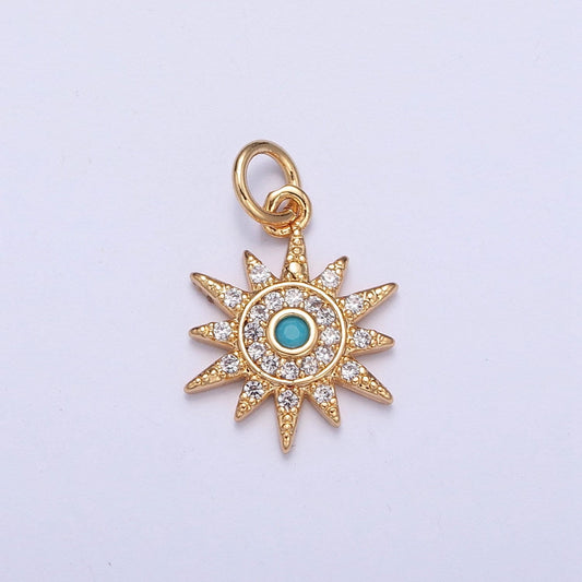 24K Gold Sun Charm w. Opal Evil Eye Pendant, Sun Ray Sunburst Charm, Turquoise Evil Eye Sun Pendant, Bohemian Jewelry | X-119