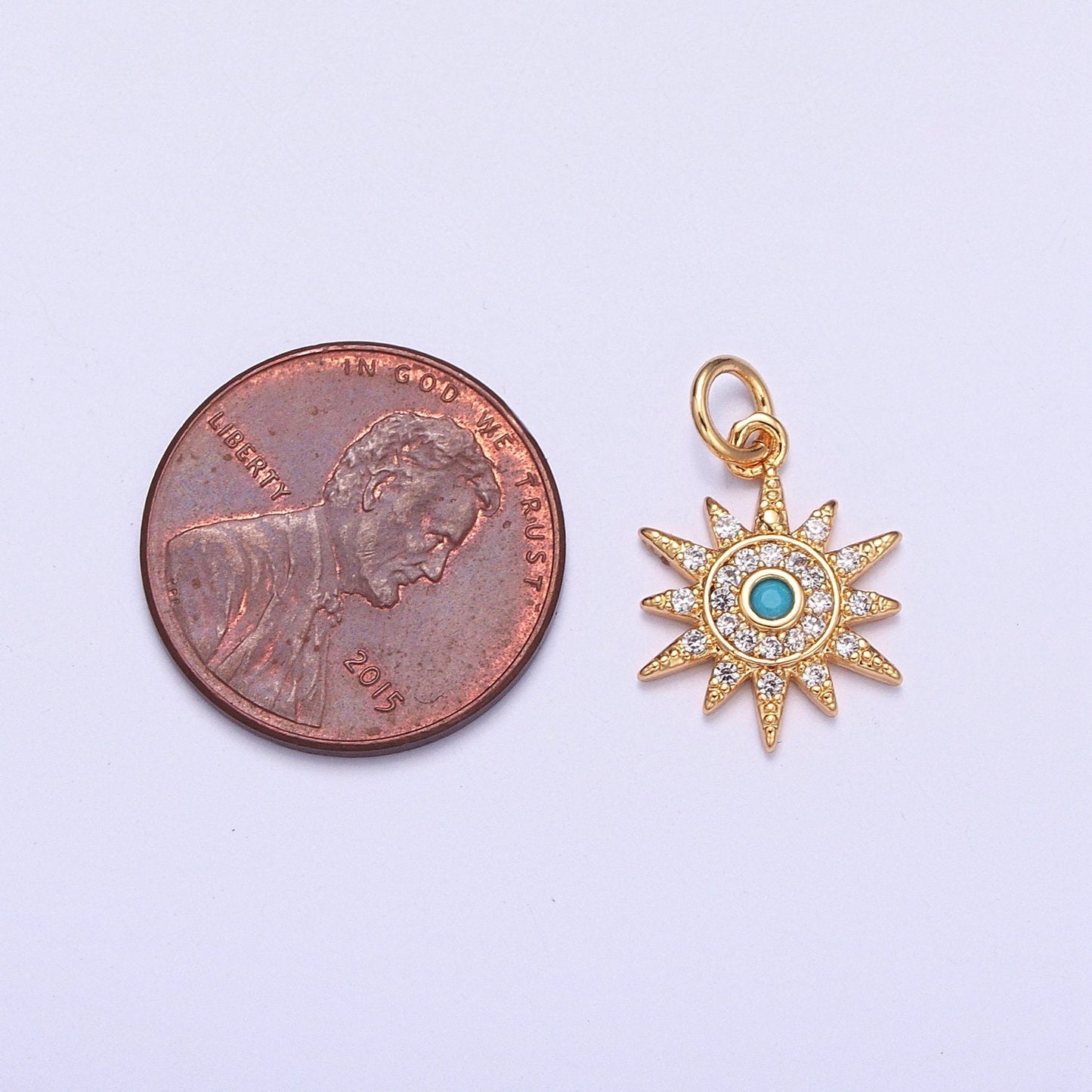 24K Gold Sun Charm w. Opal Evil Eye Pendant, Sun Ray Sunburst Charm, Turquoise Evil Eye Sun Pendant, Bohemian Jewelry | X-119