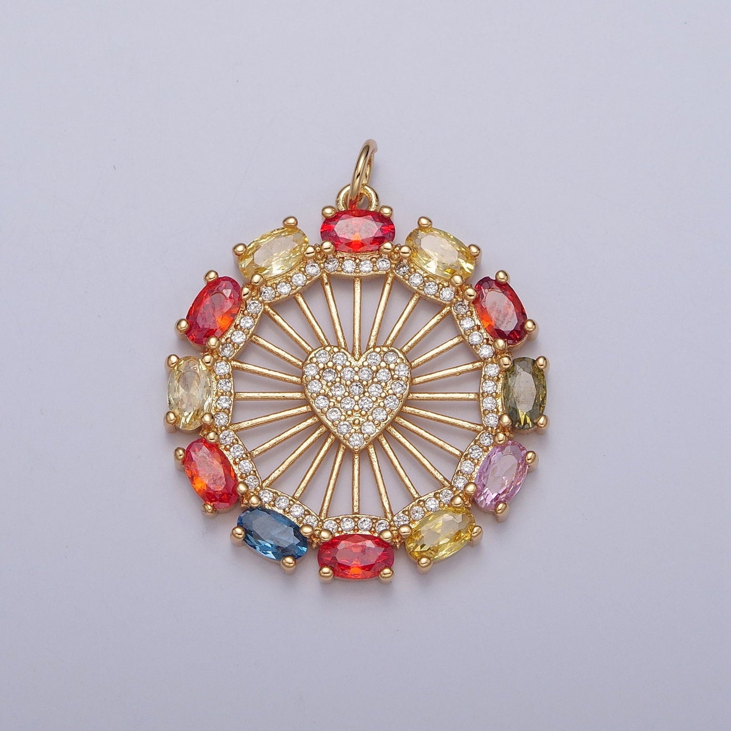24K Gold Cubic Zarconia Stone Sunburst Heart Pendant, Micro Pave Ferris Wheel Heart Pendant For Minimalist Jewelry | X-125