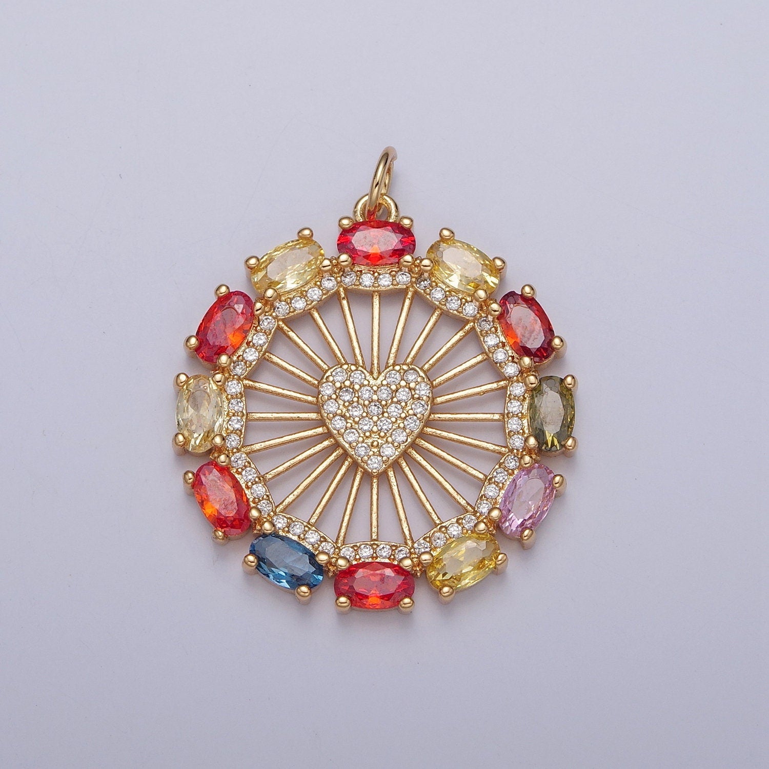 24K Gold Cubic Zarconia Stone Sunburst Heart Pendant, Micro Pave Ferris Wheel Heart Pendant For Minimalist Jewelry | X-125