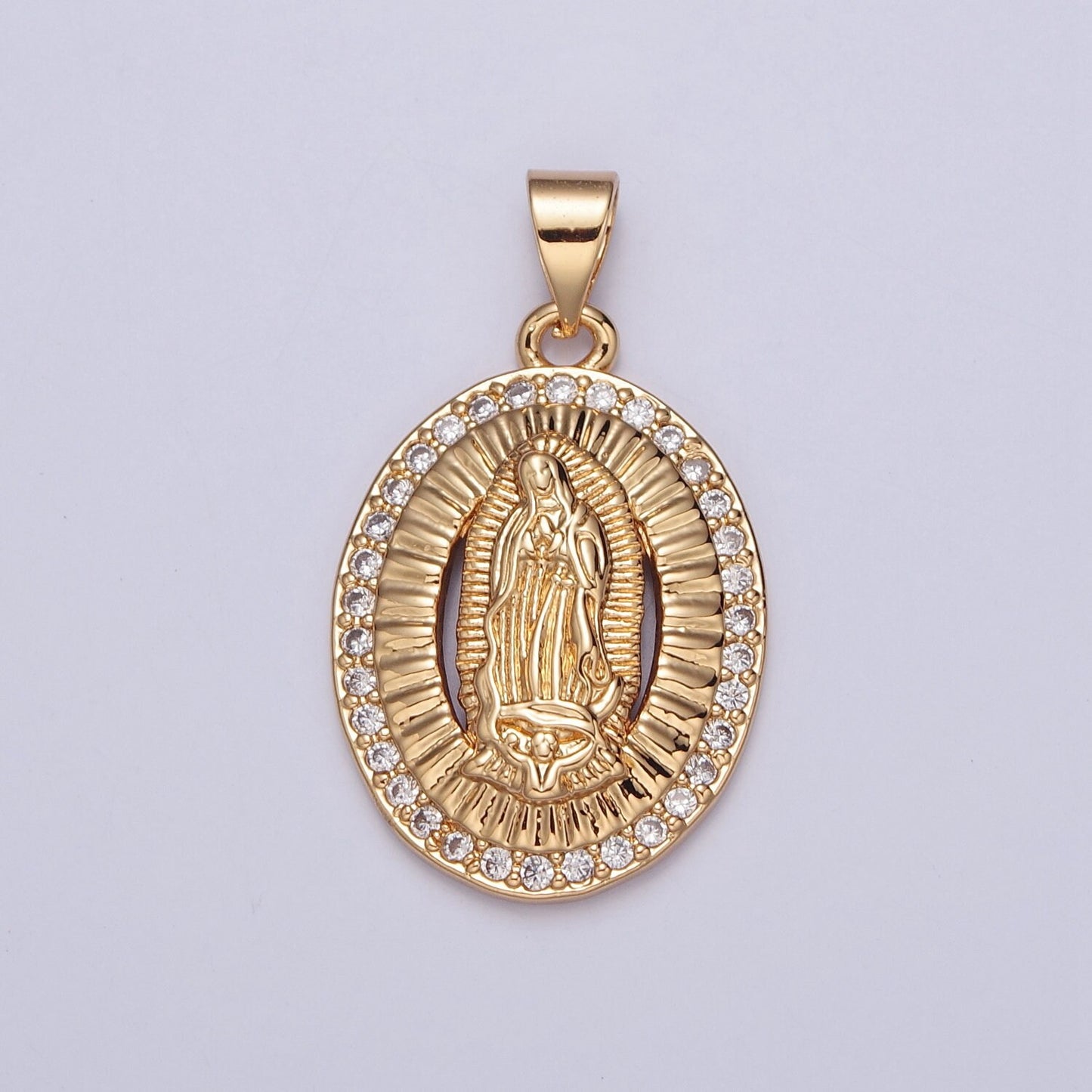 24K Gold Virgin Mary Medallion w. Micro Pave CZ Stone, Round Coin Pendant in 24K Gold Religious Jewelry Charm Pendant for Necklace | H-695