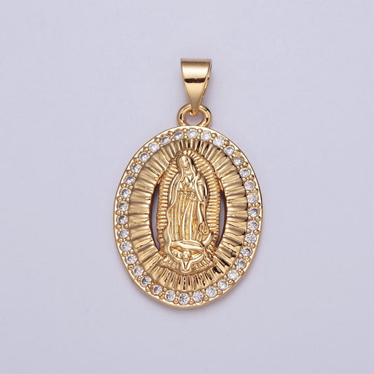 24K Gold Virgin Mary Medallion w. Micro Pave CZ Stone, Round Coin Pendant in 24K Gold Religious Jewelry Charm Pendant for Necklace | H-695
