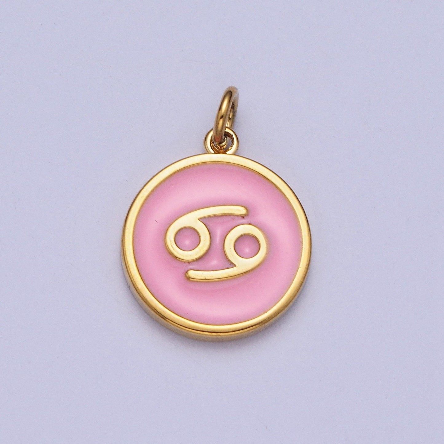 24K Gold Filled Dainty Round Baby Pink Enamel Circle Zodiac Charms, Astrological Zodiac Signs, Birthday, Horoscope Pendants| A1457-A1462