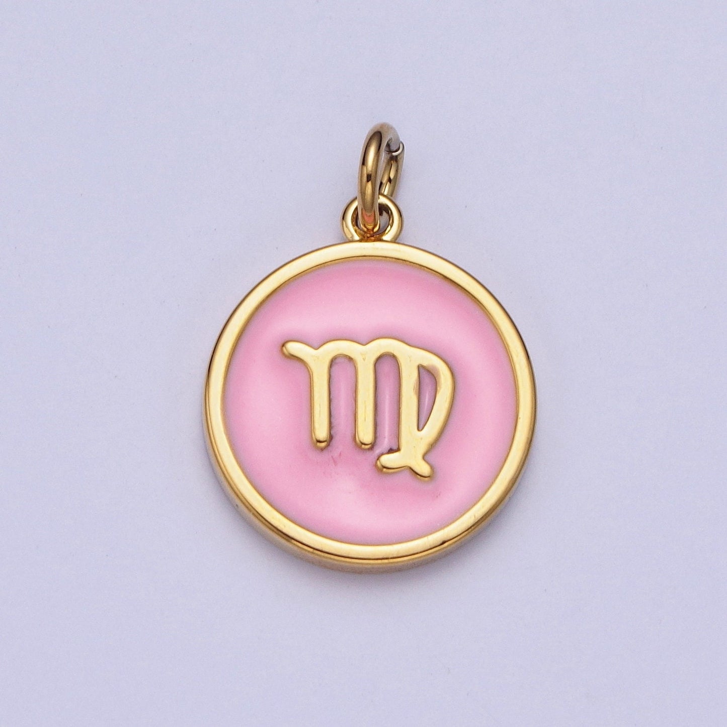 24K Gold Filled Dainty Round Baby Pink Enamel Circle Zodiac Charms, Astrological Zodiac Signs, Birthday, Horoscope Pendants| A1457-A1462