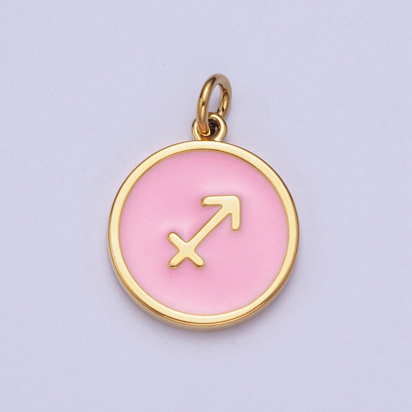 24K Gold Filled Dainty Round Baby Pink Enamel Circle Zodiac Charms, Astrological Zodiac Signs, Birthday, Horoscope Pendants| A1457-A1462