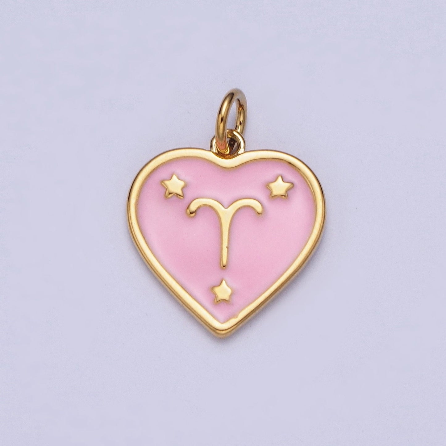 Dainty 24K Gold Baby Pink Enamel Stars Heart-Shaped Zodiac Charms, Astrological Zodiac Signs, Birthday, Horoscope Pendants | A1481-A1486