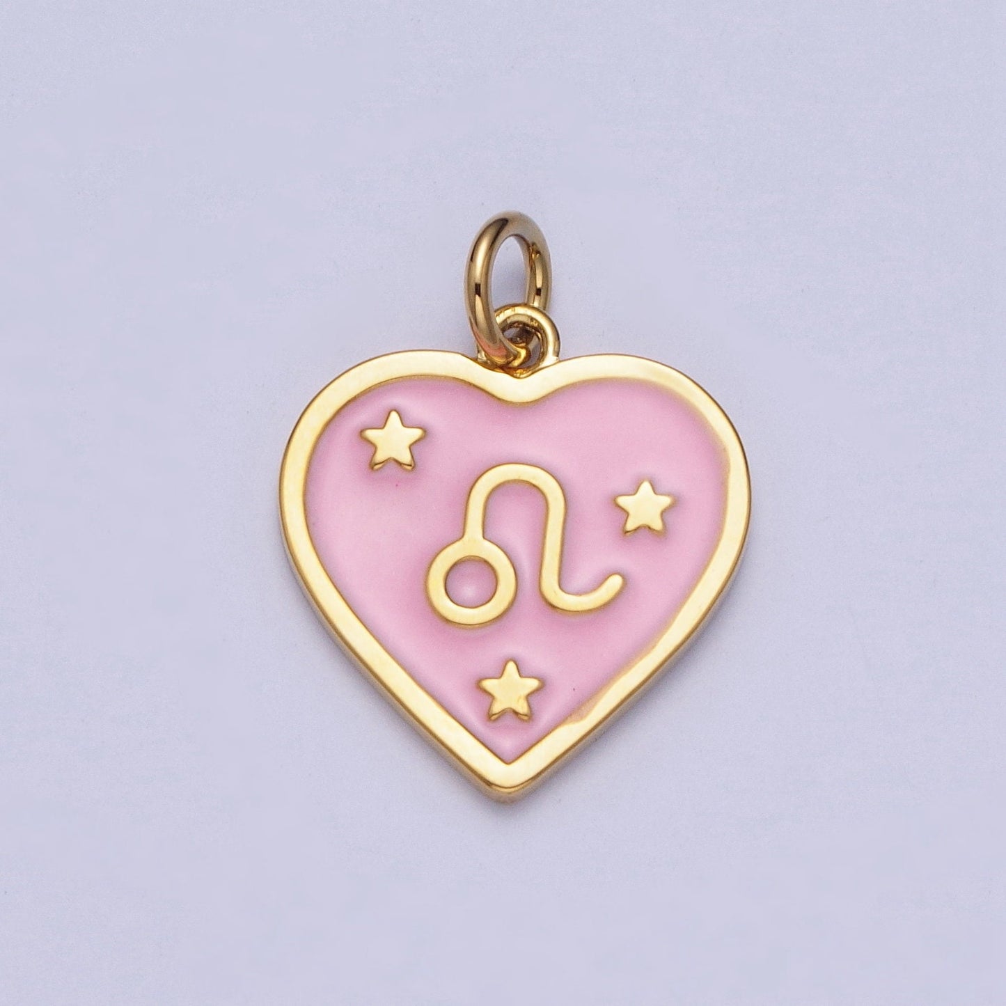 Dainty 24K Gold Baby Pink Enamel Stars Heart-Shaped Zodiac Charms, Astrological Zodiac Signs, Birthday, Horoscope Pendants | A1481-A1486