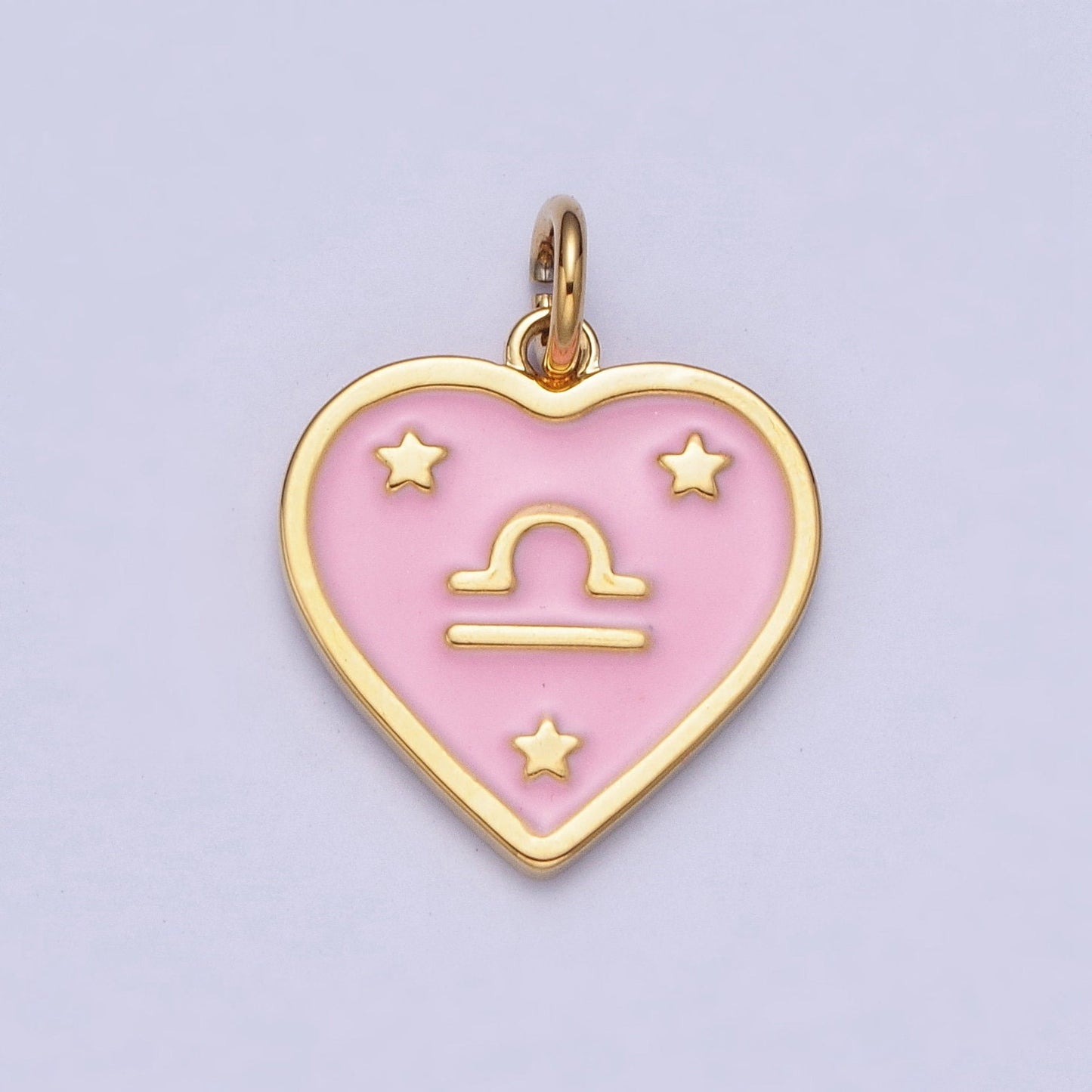 Dainty 24K Gold Baby Pink Enamel Stars Heart-Shaped Zodiac Charms, Astrological Zodiac Signs, Birthday, Horoscope Pendants | A1481-A1486