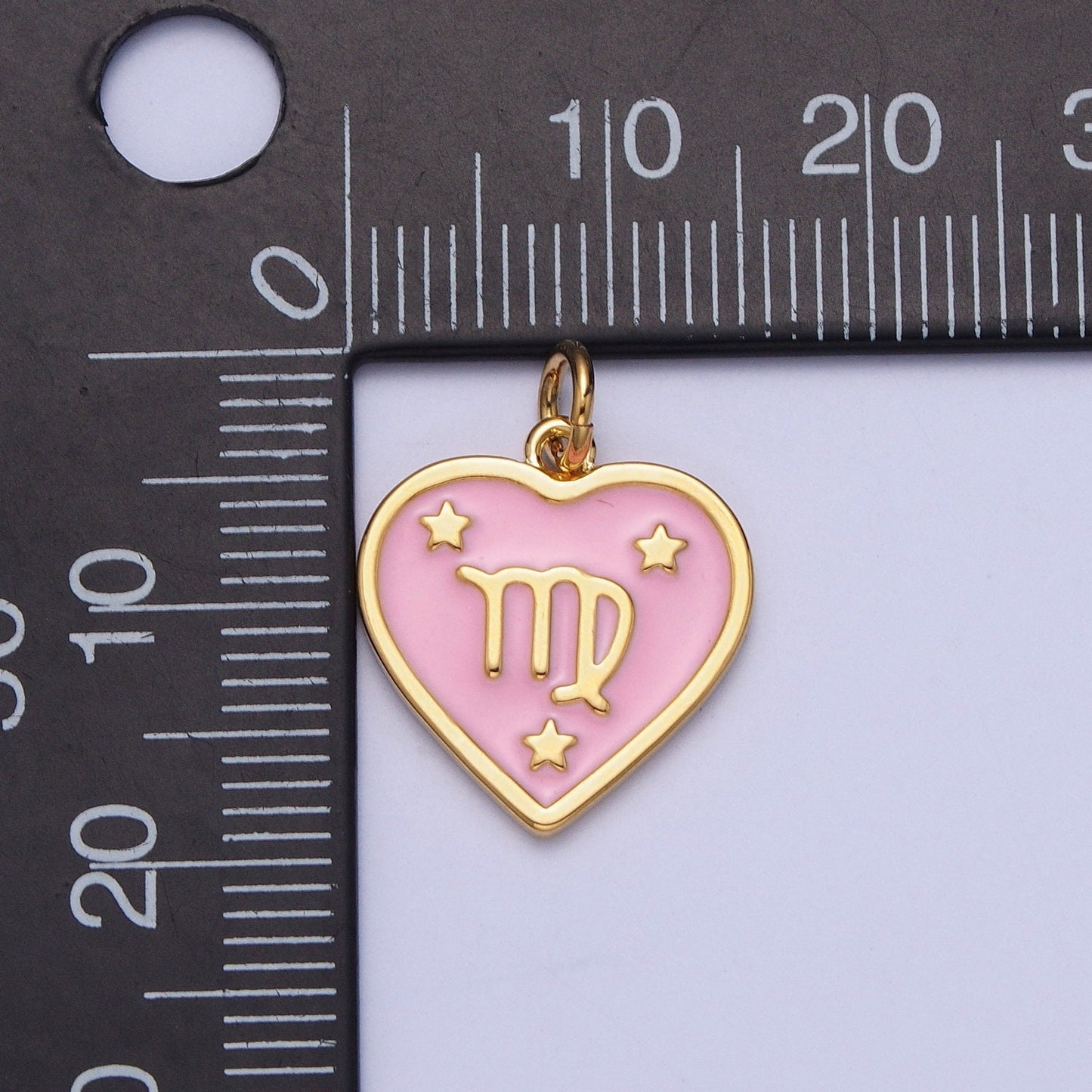 Dainty 24K Gold Baby Pink Enamel Stars Heart-Shaped Zodiac Charms, Astrological Zodiac Signs, Birthday, Horoscope Pendants | A1481-A1486