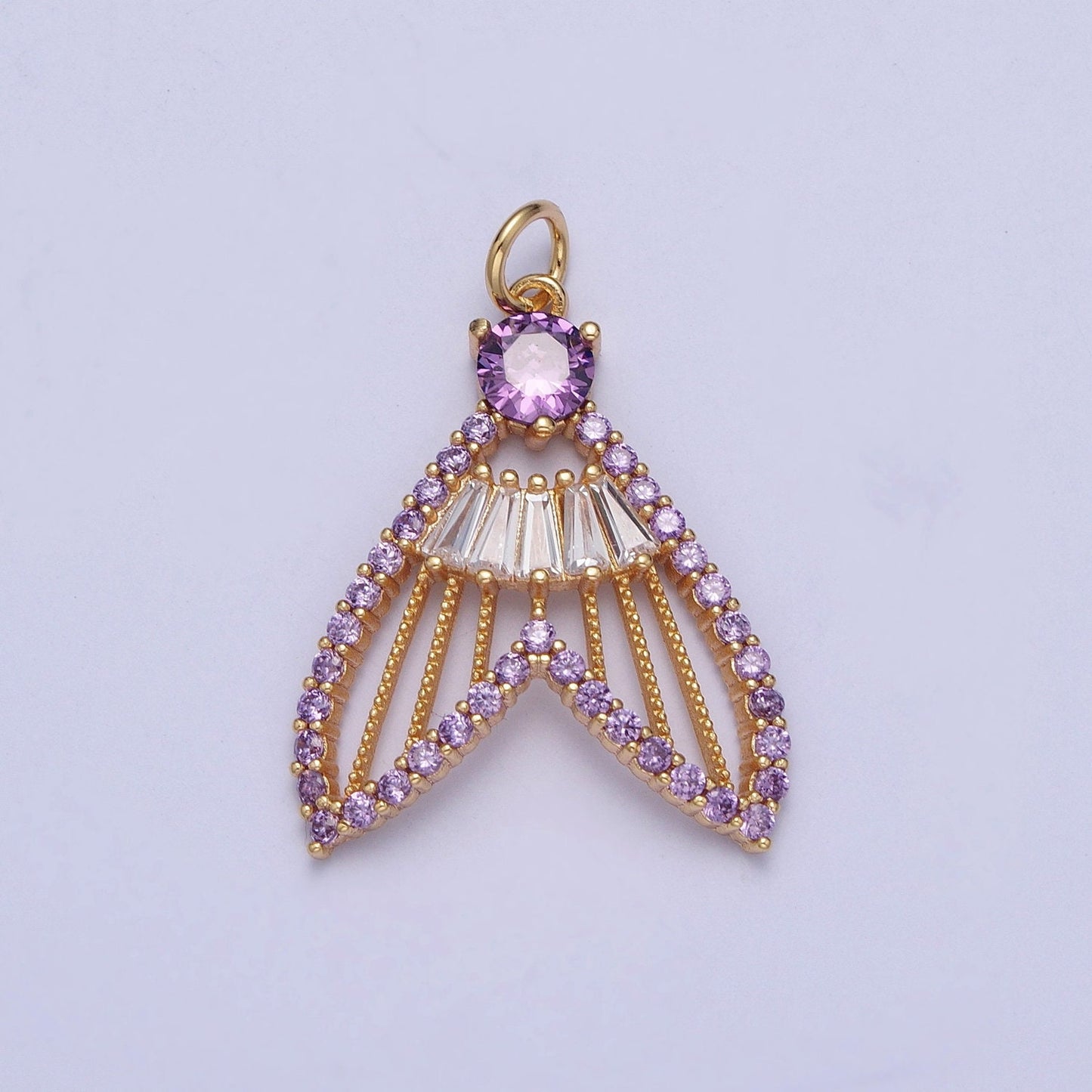 24K Gold Filled Mermaid Fish Tail Micro Pave CZ Pendants, Colorful Cubic Zirconia Baguette Stone Fish Tail Charms | X-188~X-193