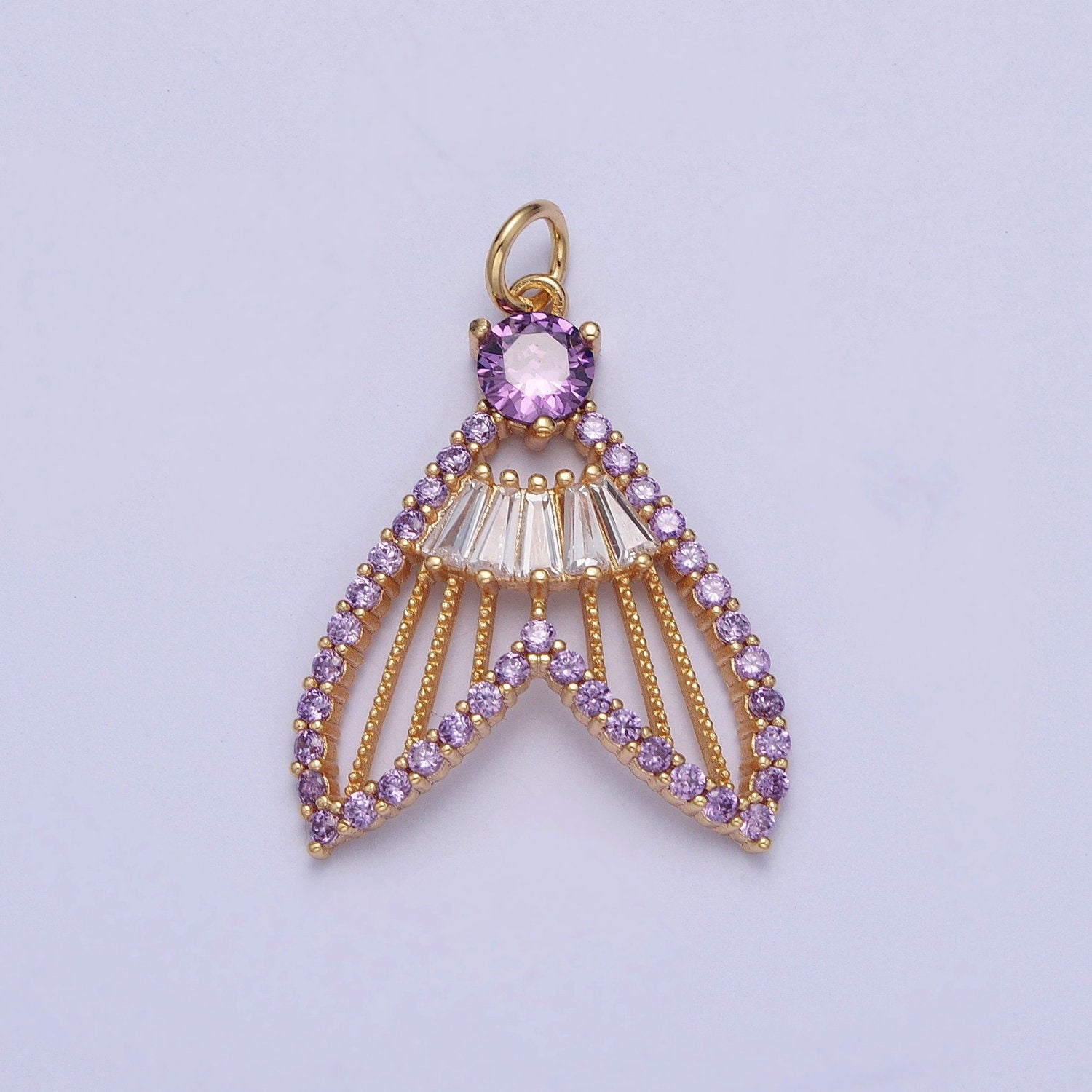24K Gold Filled Mermaid Fish Tail Micro Pave CZ Pendants, Colorful Cubic Zirconia Baguette Stone Fish Tail Charms | X-188~X-193