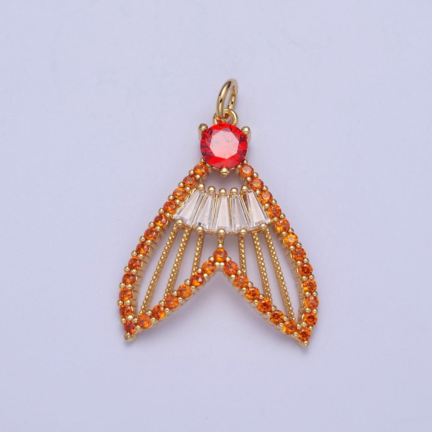 24K Gold Filled Mermaid Fish Tail Micro Pave CZ Pendants, Colorful Cubic Zirconia Baguette Stone Fish Tail Charms | X-188~X-193