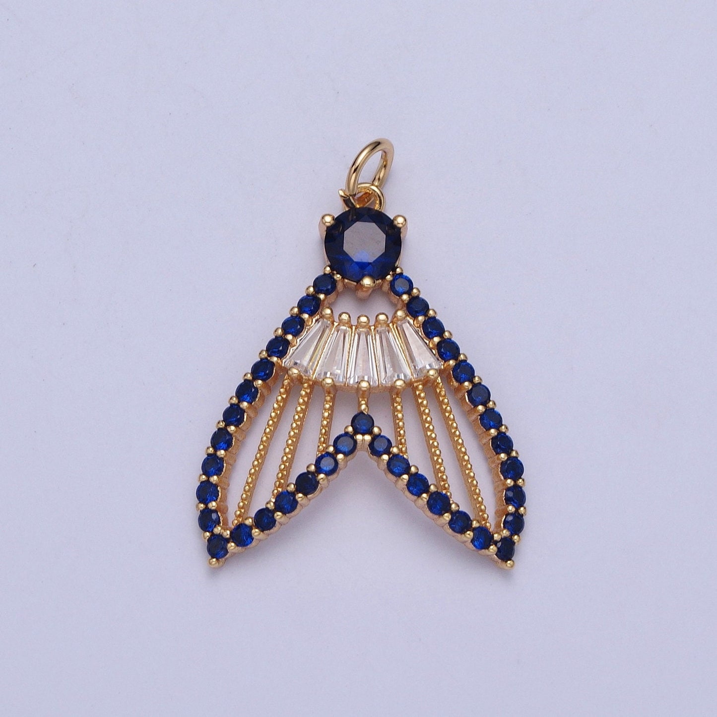 24K Gold Filled Mermaid Fish Tail Micro Pave CZ Pendants, Colorful Cubic Zirconia Baguette Stone Fish Tail Charms | X-188~X-193