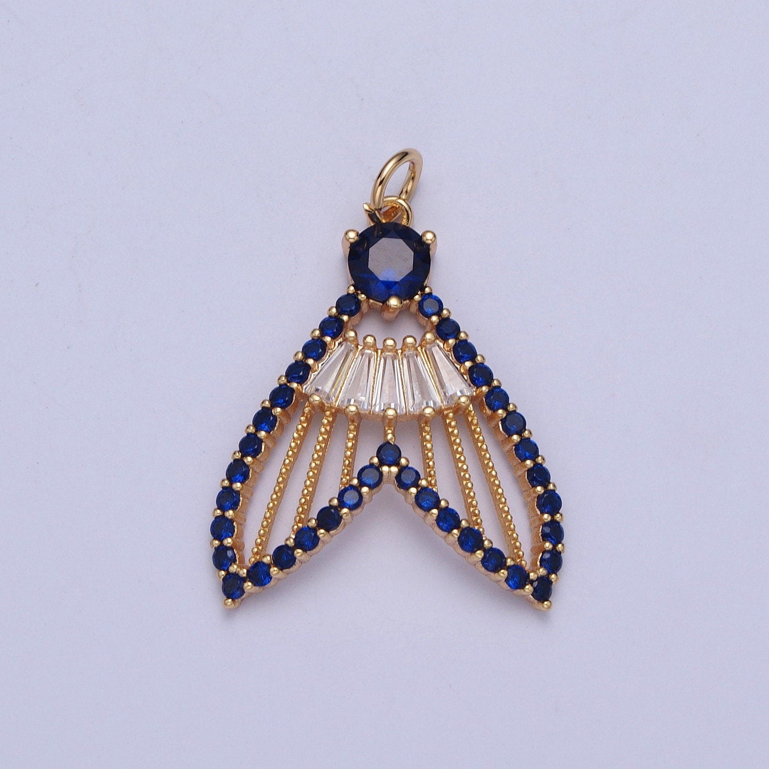 24K Gold Filled Mermaid Fish Tail Micro Pave CZ Pendants, Colorful Cubic Zirconia Baguette Stone Fish Tail Charms | X-188~X-193