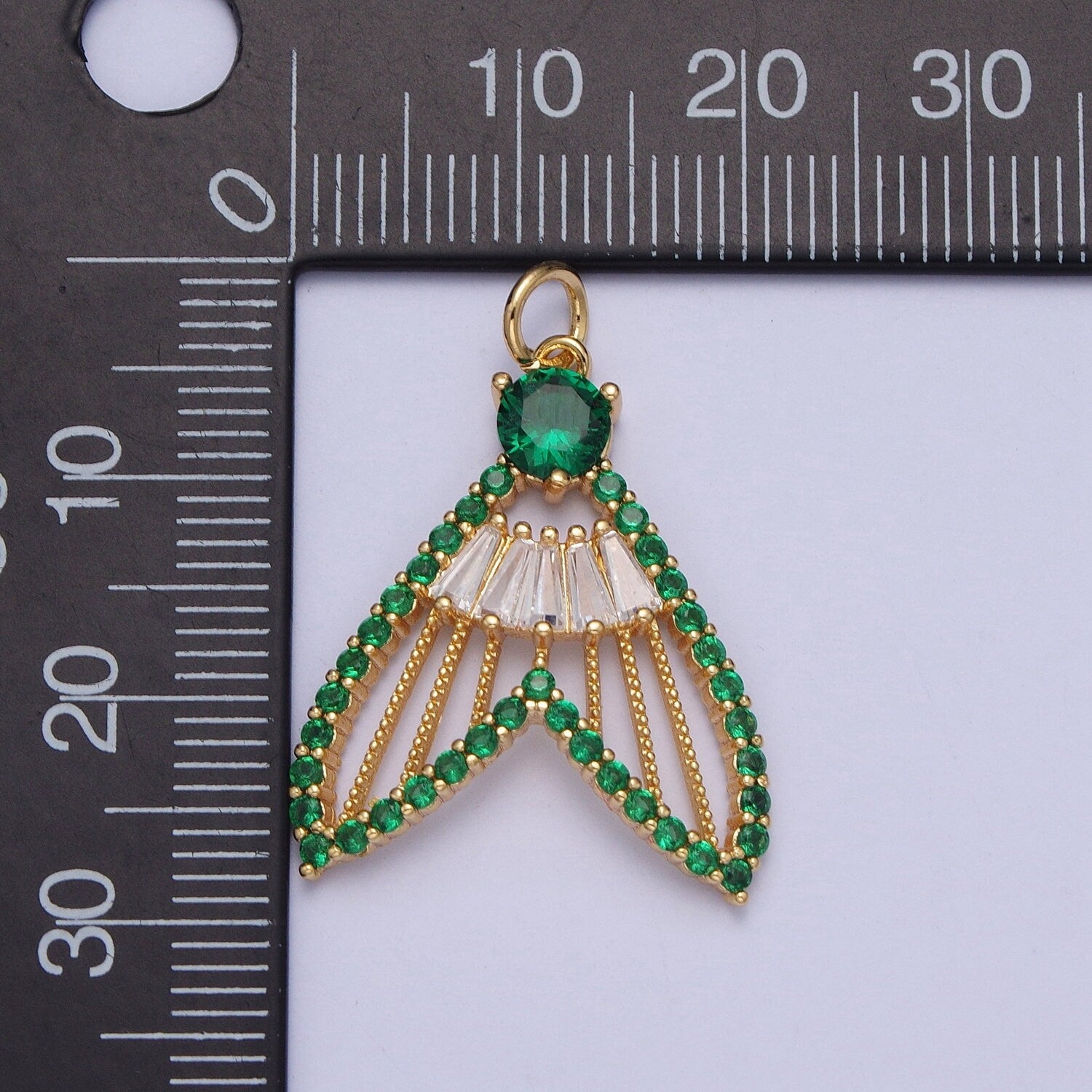 24K Gold Filled Mermaid Fish Tail Micro Pave CZ Pendants, Colorful Cubic Zirconia Baguette Stone Fish Tail Charms | X-188~X-193