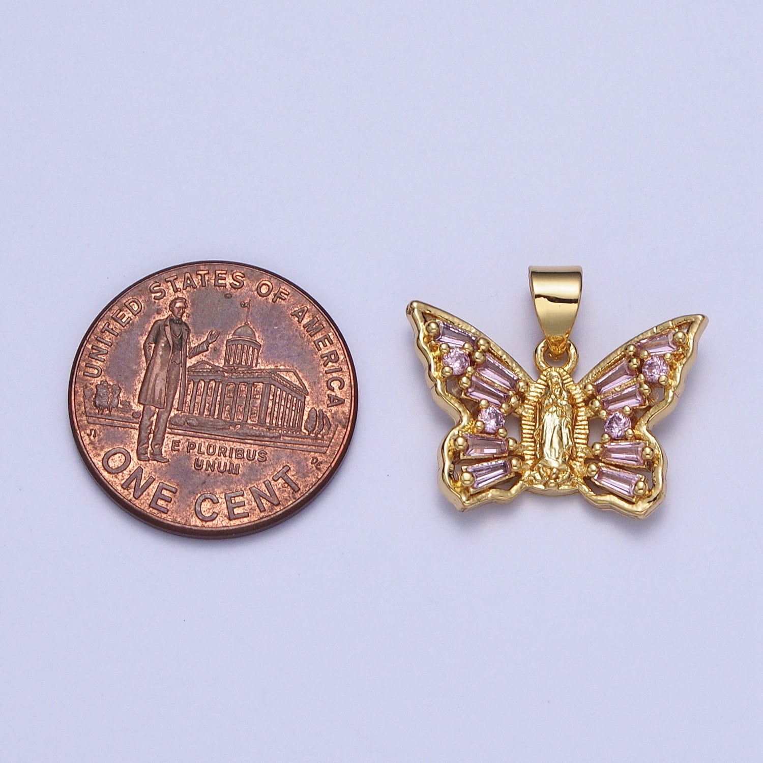 24K Gold Filled Dainty Virgin Mary Butterfly Pendant with Pink CZ Baguette Stone, Our Lady of Guadalupe Mariposa Charm | X-399