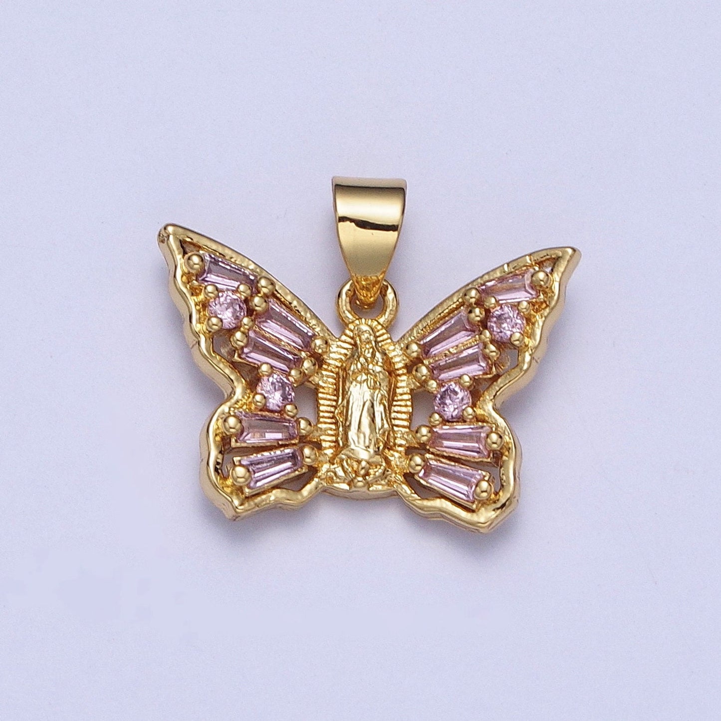 24K Gold Filled Dainty Virgin Mary Butterfly Pendant with Pink CZ Baguette Stone, Our Lady of Guadalupe Mariposa Charm | X-399