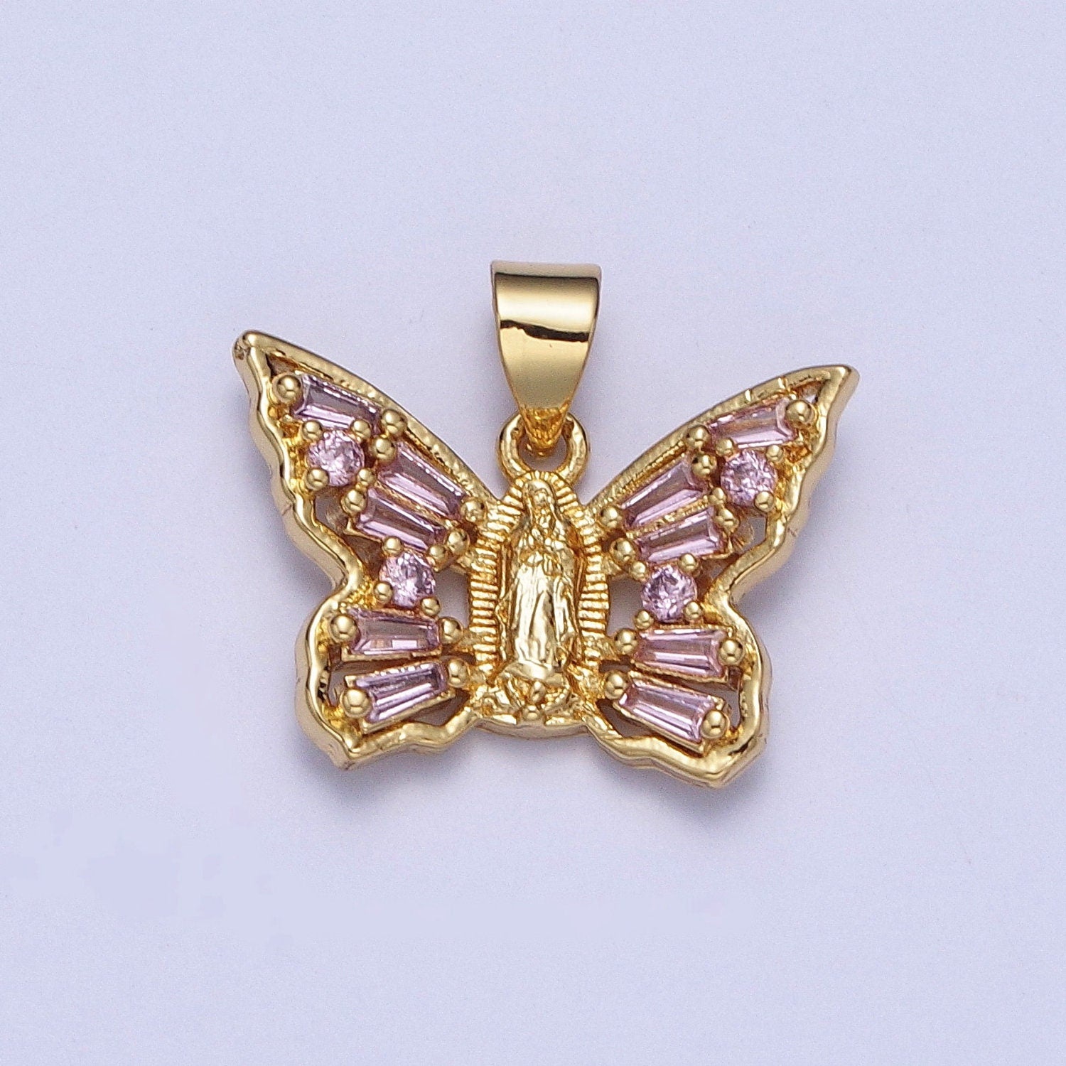 24K Gold Filled Dainty Virgin Mary Butterfly Pendant with Pink CZ Baguette Stone, Our Lady of Guadalupe Mariposa Charm | X-399