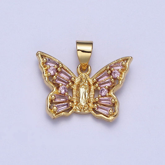 24K Gold Filled Dainty Virgin Mary Butterfly Pendant with Pink CZ Baguette Stone, Our Lady of Guadalupe Mariposa Charm | X-399