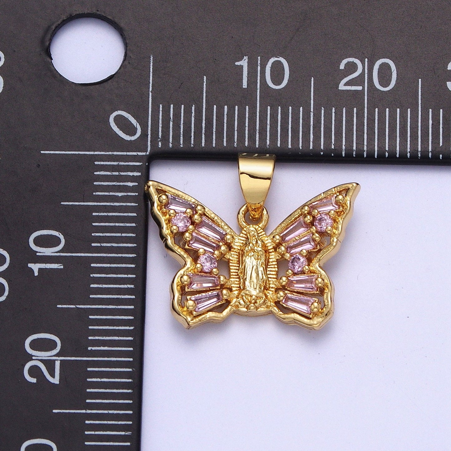 24K Gold Filled Dainty Virgin Mary Butterfly Pendant with Pink CZ Baguette Stone, Our Lady of Guadalupe Mariposa Charm | X-399