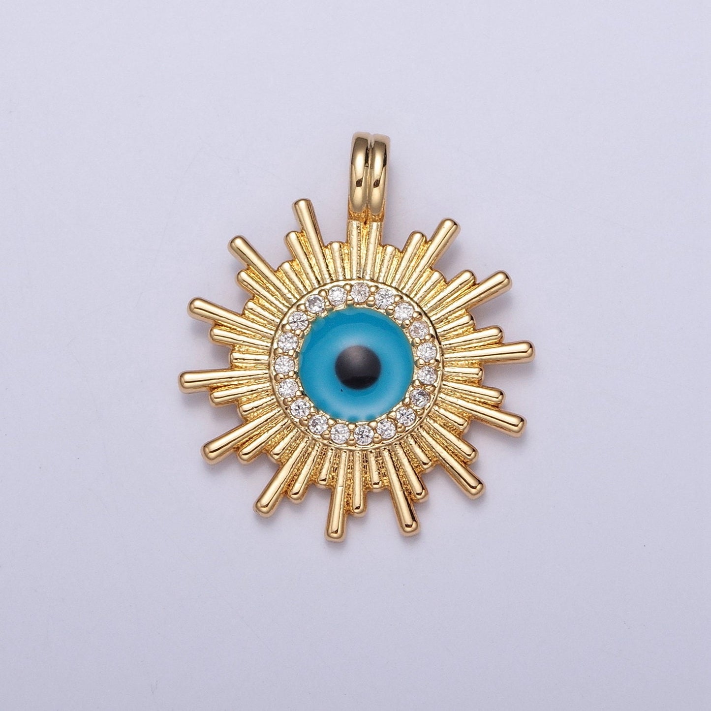 24K Gold Micro Pave CZ Sun Evil Eye Pendant, Sunburst Charm, Dark Turquoise Evil Eye Sun Pendant | H-692